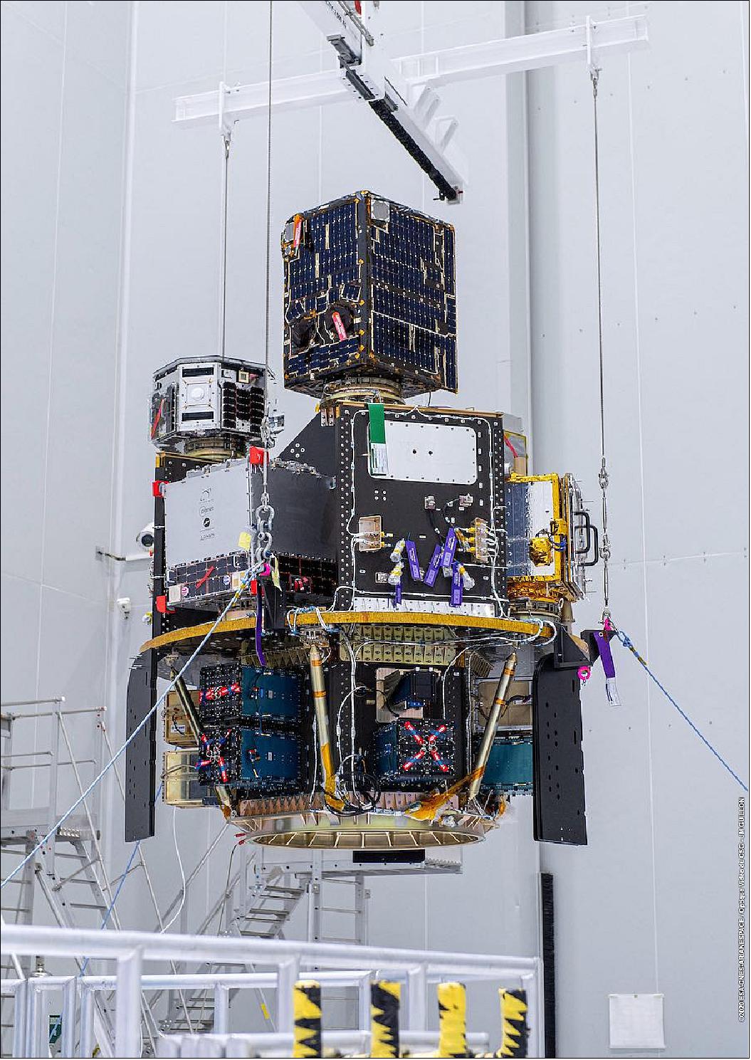 Figure 11: Technicians at the Guiana Space Center lift a stack of 53 small spacecraft for attachment to the Vega rocket’s payload adapter (image credit: ESA/CNES/Arianespace – Photo Optique Video du CSG – JM Guillon)