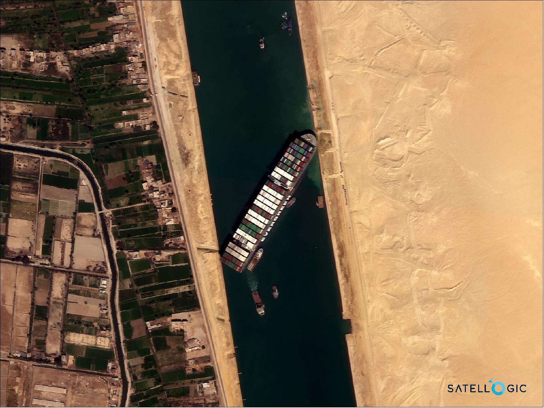Figure 9: The Ever Given container ship is stuck in the Suez Canal of Egypt as observed by Satellogic-ÑuSat on March 25, 2021 (image credit: Satellogic-ÑuSat) 20)