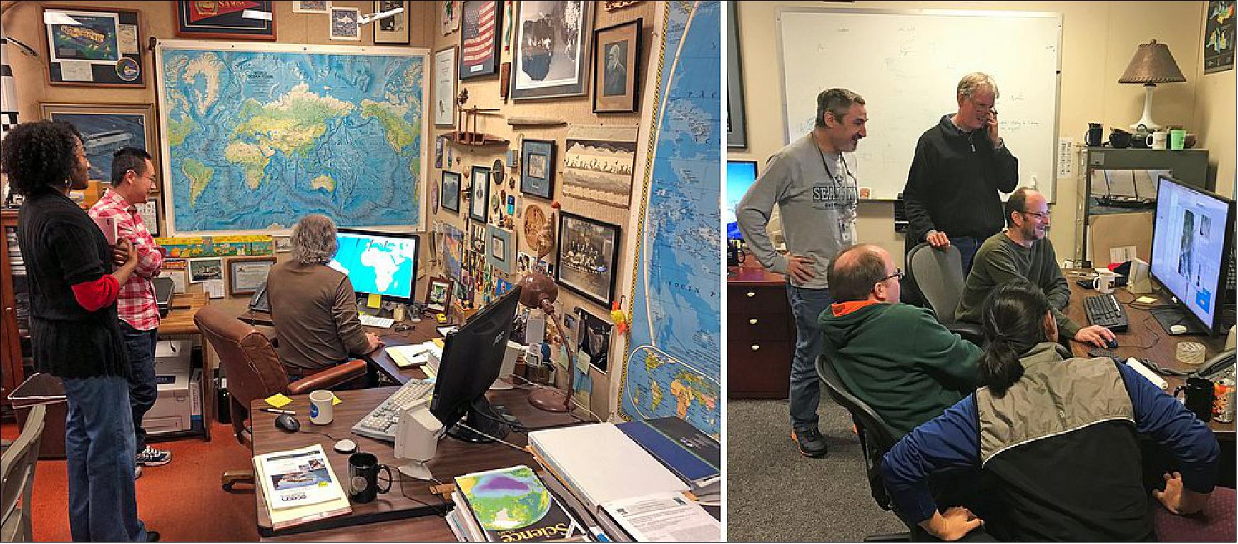 Figure 19: Left: Gene Carl Feldman, Liang Hong and Alicia Scott scheduling the first image acquisition at NASA Goddard. Right: Image processing group at NASA Goddard analyzing the first HawkEye image within minutes of the downlink (image credit: NASA)