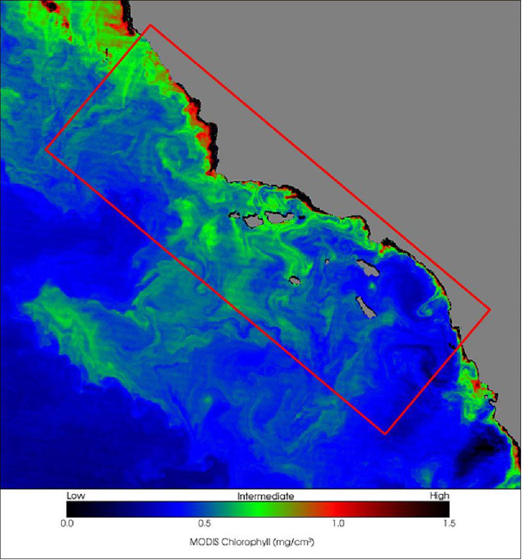 Figure 1: HawkEye field of view illustrated with a MODIS 4) image of the Santa Barbara channel. The field of view is approximately 350km cross-track from a 540km altitude via pushbroom scan of the 4080 pixel 120m spatial resolution linear arrays. MODIS: Moderate Resolution Imaging Spectroradiometer (image credit: Cloudland Instruments)