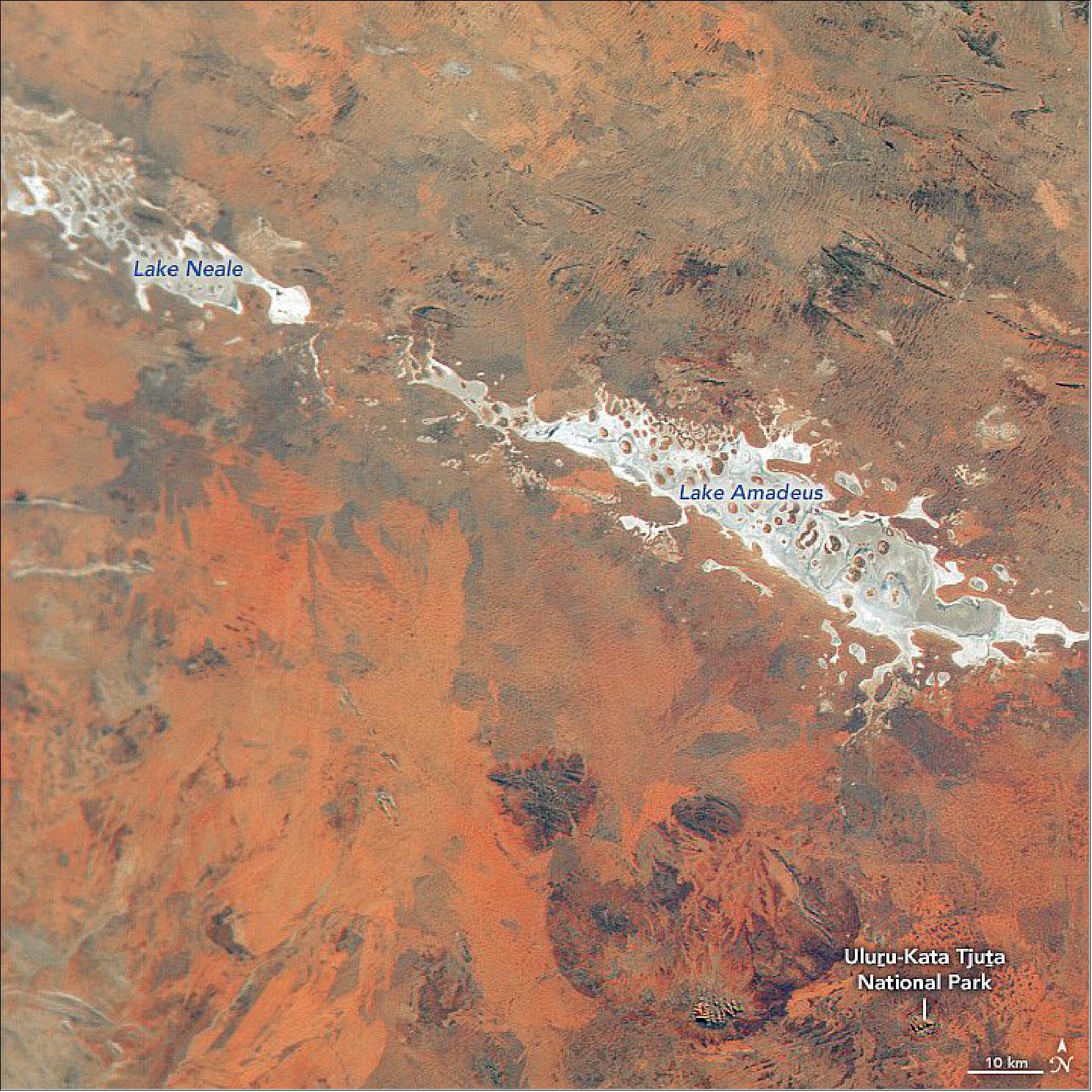 Figure 13: Soils in the center of the continent—including those around the famous rock formations of Uluru and Kata-Tjuta—come in striking shades of red. The HawkEye image of the SeaHawk mission (observed on 20 June 2021) highlights the vivid red deserts around Australia's Uluru and Kata-Tjuta famous rock formations in the southern part of Northern Territory. The white salt pan of Lake Amadeus lies just to the north, as well as Lake Neale. They are part of a line of salt lakes that stretch hundreds of kilometers from Lake Hopkins in the west to the Finke River in the east (image credit: NASA image by Alan Holmes/NASA's Ocean Color Web, using data from SeaHawk/HawkEye. Story by Adam Voiland)