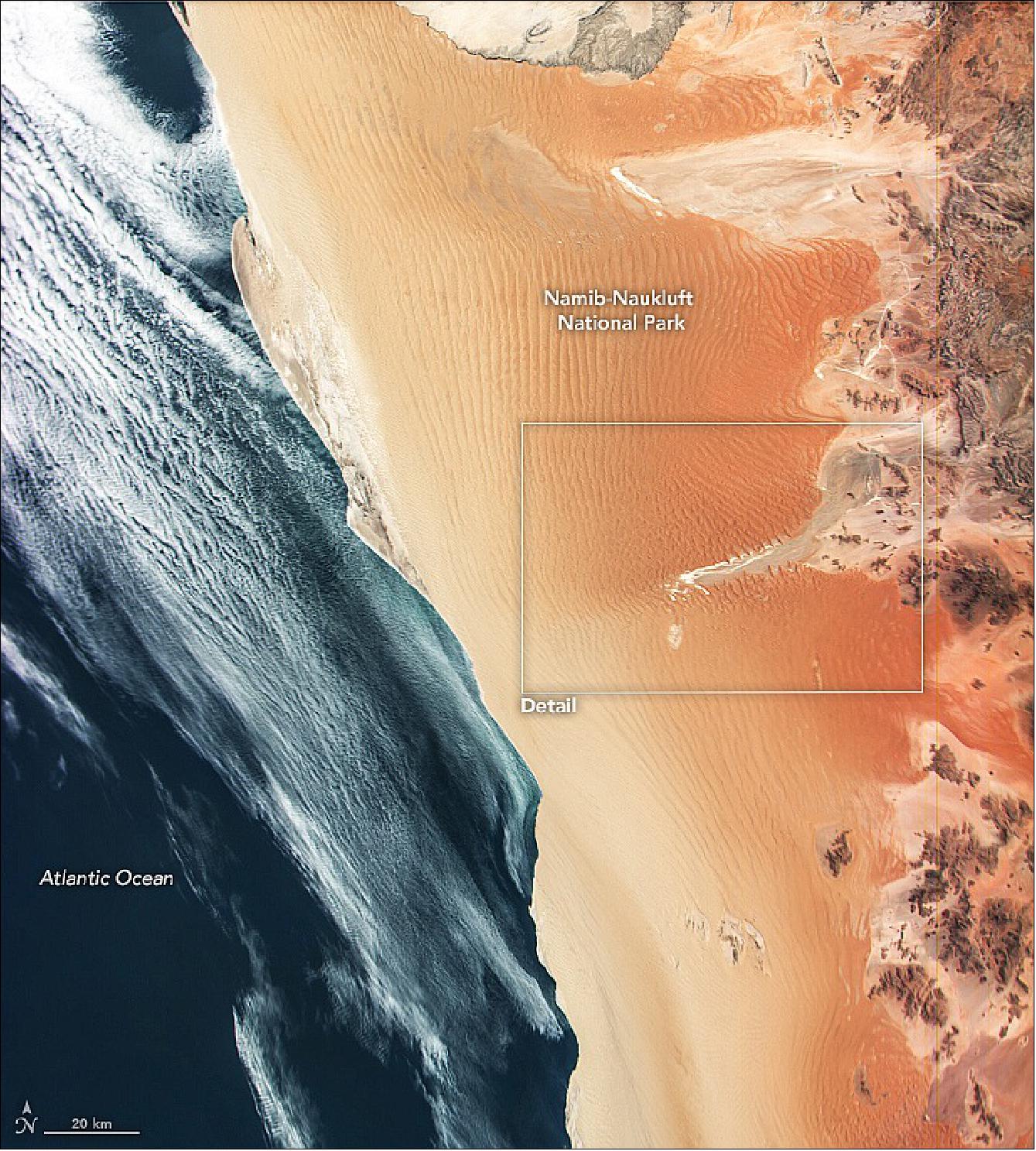 Figure 7: Many of the highest dunes are found within the Namib Sand Sea, a section of the desert that spans 34,000 km2 (13,000 square miles) of coastal Namibia. The sand sea and its dunes are visible in this image, acquired on January 20, 2020, with the HawkEye sensor on the SeaHawk CubeSat (image credit: NASA Earth Observatory, NASA image by Alan Holmes/NASA’s Ocean Color Web, using data from SeaHawk/HawkEye. Photo courtesy of pxfuel. Story by Kathryn Hansen)