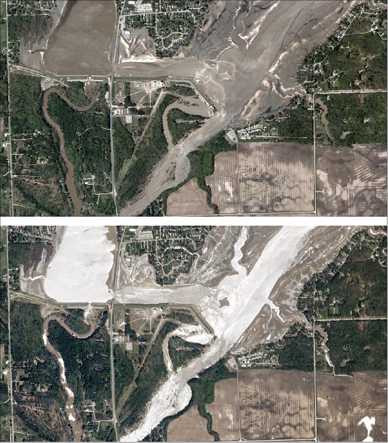 Figure 18: The first SkySat image (taken in the morning) and second SkySat image (taken in the afternoon) were collected on May 20, 2020, and show the remains of the Edenville Dam, breached after heavy rainfall over Michigan. The silvery appearance of the water in the morning is due to sunglint, which is the reflection of light directly into the satellite’s telescope (image credit: © 2020, Planet Labs Inc., All Rights Reserved)