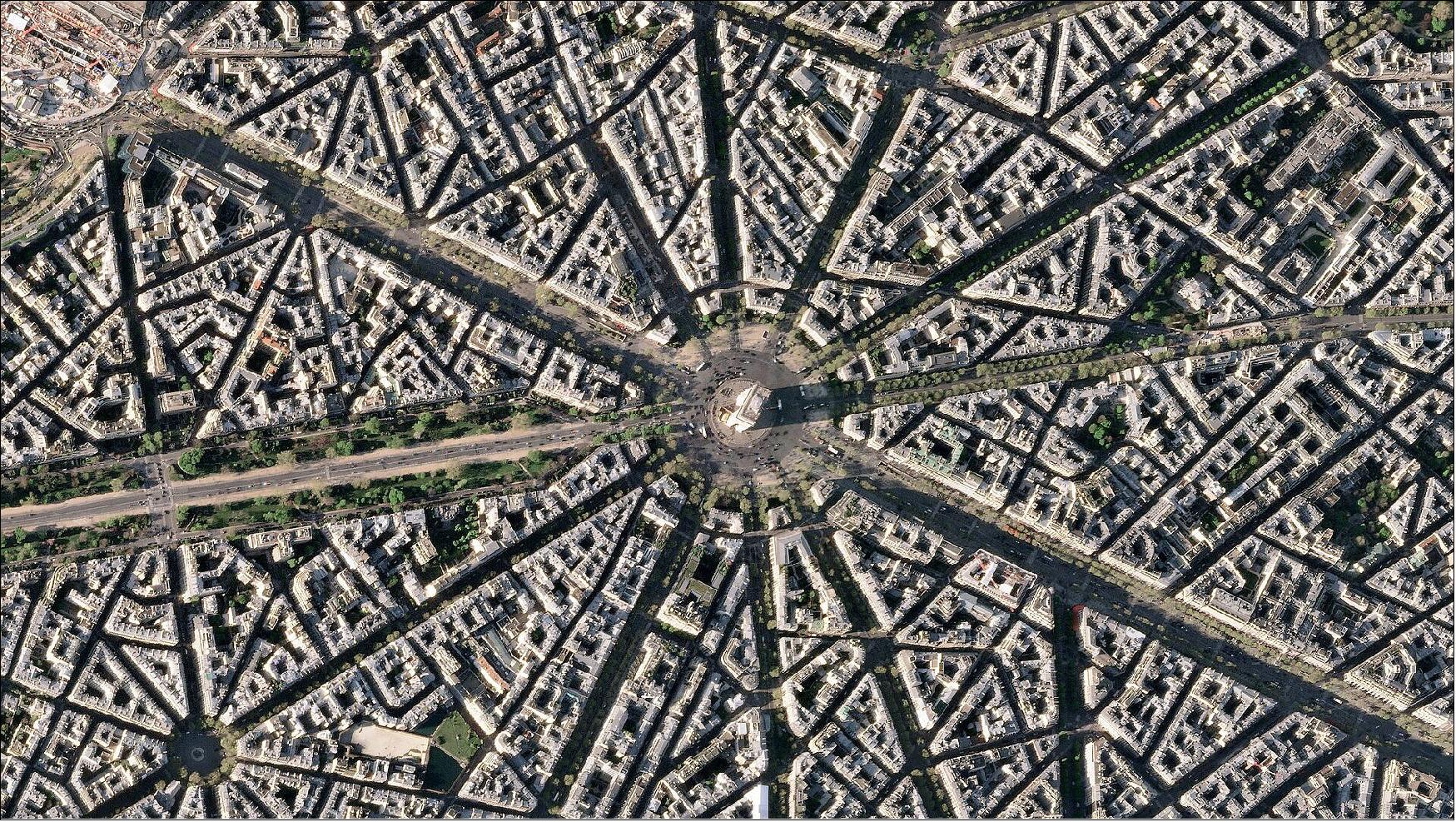 Figure 13: This striking, high-resolution image of the Arc de Triomphe, in Paris, was captured by Planet SkySat – a fleet of satellites that have just joined ESA’s Third Party Mission Programme in April 2022. The image is also featured on the Earth from Space video programme (image credit: Planet SkySat)