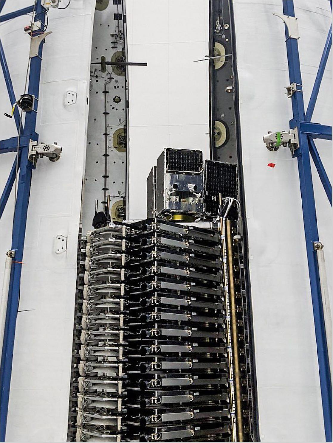 Figure 11: Three of Planet’s SkySat Earth-imaging microsatellites are mounted on top of 58 SpaceX Starlink Internet satellites for launch on 13 June 2020 (image credit: Planet / SpaceX)