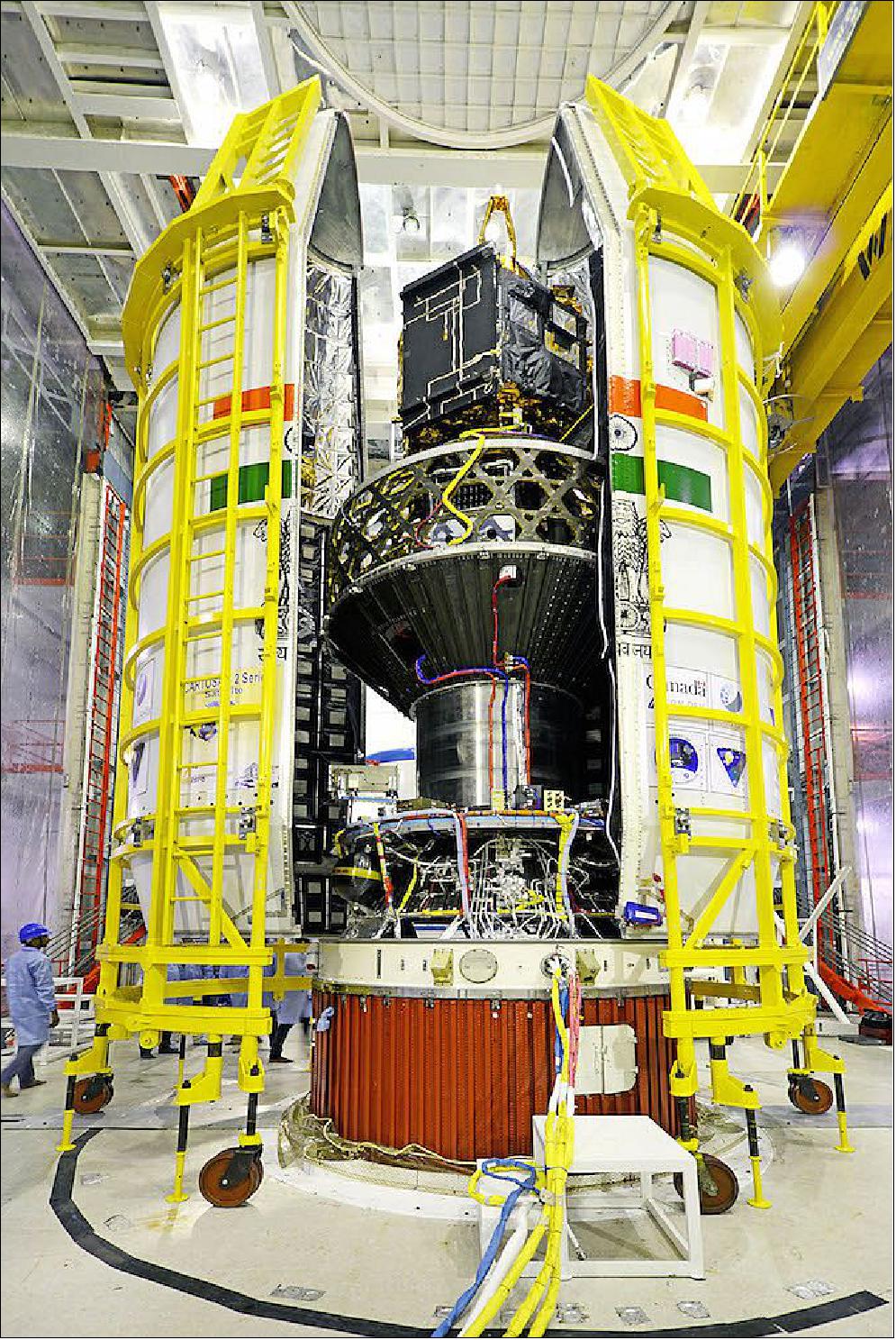 Figure 6: The 20 satellites, with the primary payload CartoSat-2C on top) are packaged inside the PSLV’s payload fairing. The number marks the most satellites ever launched by India on a single flight (image credit: ISRO)