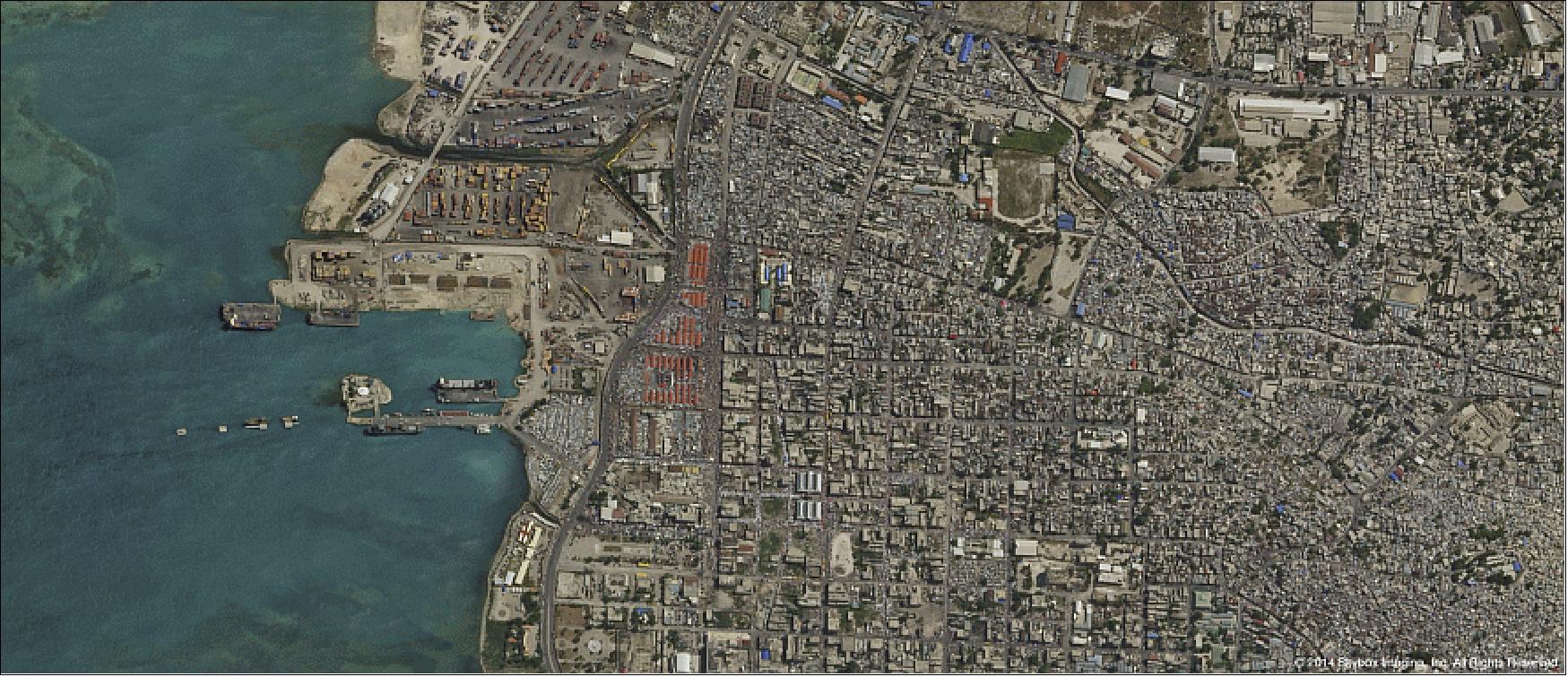 Figure 31: SkySat-2 image of Port-au-Prince, Haiti, acquired on July 10, 2014 within 48 hours after launch (image credit: Skybox Imaging) 65)
