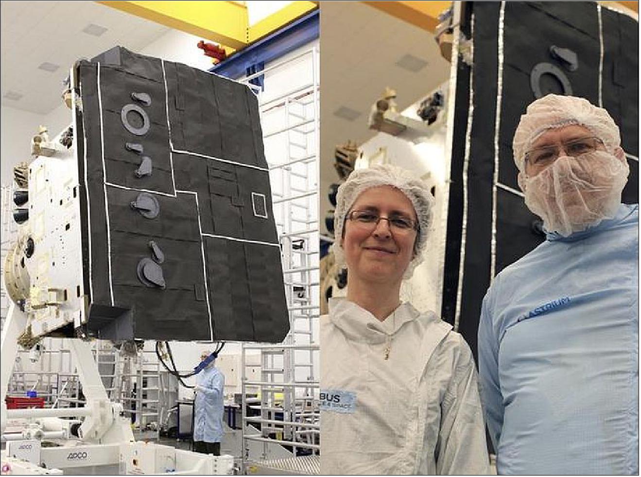 Figure 21: The photo shows the heat shield on the left and on the right, Prof. Louise Harra (EUI Co-PI) and Prof. Chris Owen (SWA PI) at Airbus DS in Stevenage to see the Solar Orbiter heat shield being attached (image credit: UCL/MSSL)