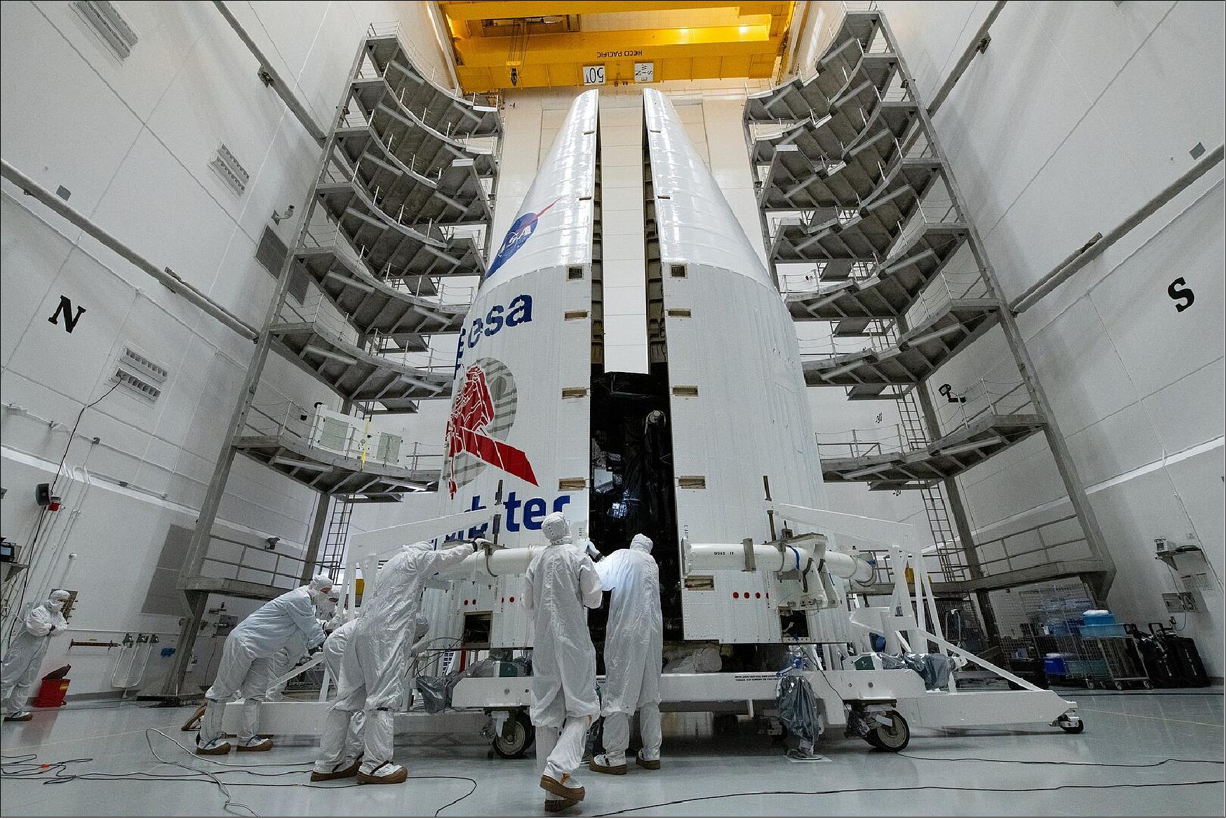 Figure 1: ESA's Solar Orbiter spacecraft being encapsulated into the fairing of the US Atlas V 411 rocket at the Astrotech payload processing facility near Kennedy Space Center in Florida ahead of the launch on 21 January 2020 (image credit: ESA–S. Corvaja)