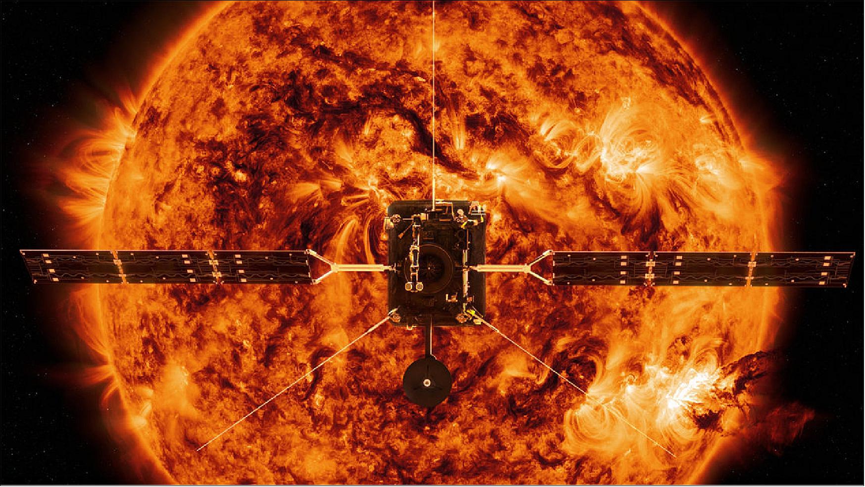 Figure 18: An artist's impression of Solar Orbiter in front of the stormy Sun is depicted here. The image of the Sun is based on one taken by NASA's Solar Dynamics Observatory. It captures the beginning of a solar eruption that took place on 7 June 2011. At lower right, dark filaments of plasma arc away from the Sun. During this particular event, it watched the plasma lift off, then rain back down to create ‘hot spots' that glowed in ultraviolet light [image credit: ESA/ATG medialab; Sun: NASA/SDO/ P. Testa (CfA)]
