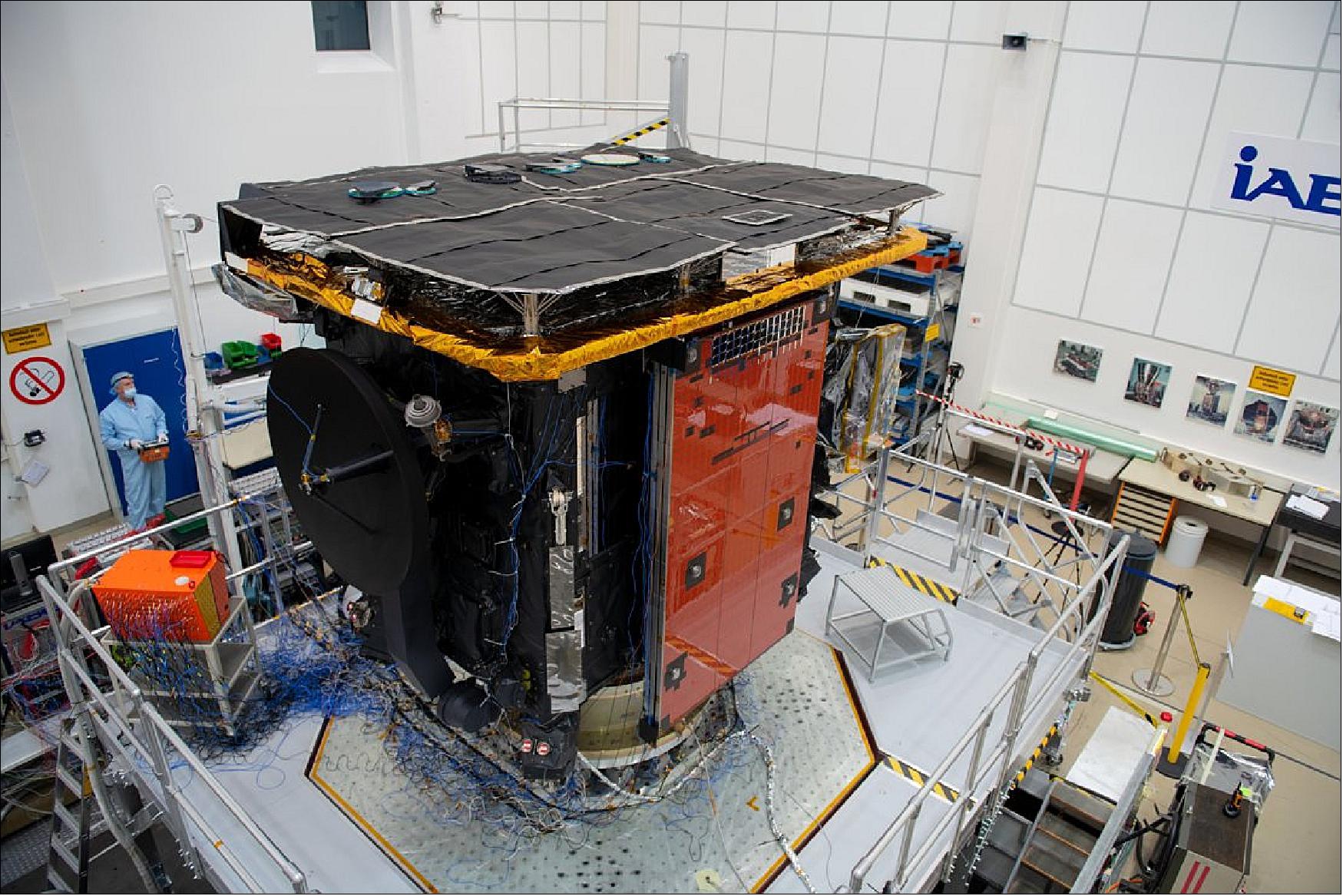 Figure 12: In this image, ESA's new Solar Orbiter spacecraft is seen during preparations for a vibration test campaign at the IABG facility in Ottobrunn, Germany, in March 2019 (image credit: ESA, S. Corvaja)