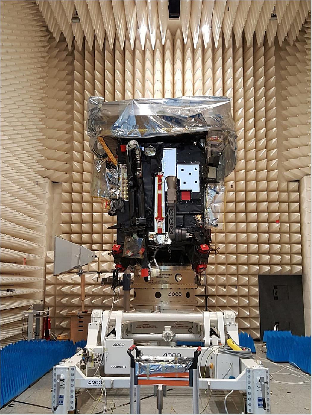 Figure 8: The Solar Orbiter spacecraft, ready to start electromagnetic compatibility (EMC) testing in a special anechoic chamber in May 2019 at the IABG facility in Ottobrunn, Germany. These tests verified that the spacecraft's electrical equipment will be fully electromagnetically compatible throughout all phases of the mission (image credit: Airbus Defence and Space)