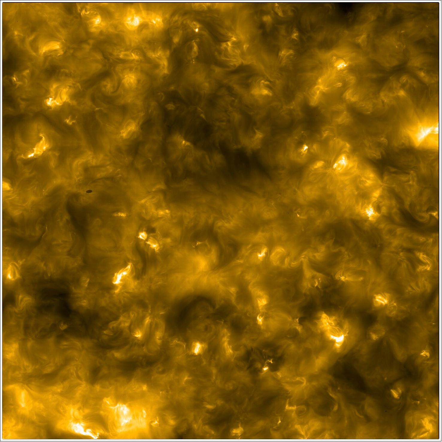 Figure 36: An image of the Sun's outer atmosphere, the corona, taken with the Extreme Ultraviolet Imager (EUI) instrument onboard Solar Orbiter. This particular image was taken by EUI's High Resolution Imager working at the extreme ultraviolet wavelength 17.4 nm (HRIEUV). Taken on 23 February 2021, this image shows 384x384 thousand km of the solar surface. For comparison the diameter of the Earth is~12.7 thousand km. On 23 February 2021, the Sun's activity was quiet but HRIEUV still captured comparatively small-scale jet activity on the Sun. This dynamic activity is associated with the so-called campfires, which are miniature solar flares that scientists discovered on the Sun with the EUI instrument shortly after Solar Orbiter's launch (image credit: Solar Orbiter/EUI Team/ESA & NASA)