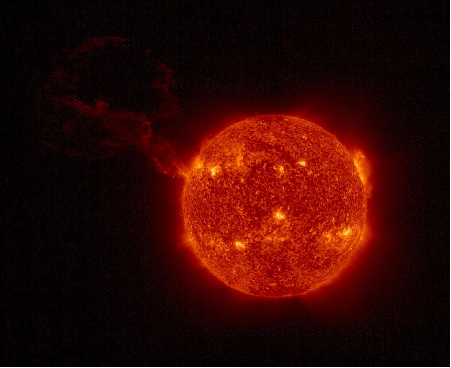 Figure 28: The Full Sun Imager of the Extreme Ultraviolet Imager on board the ESA/NASA Solar Orbiter spacecraft captured a giant solar eruption on 15 February 2022. This is the largest solar prominence eruption ever observed in a single image together with the full solar disc (image credit: Solar Orbiter/EUI Team/ESA & NASA)