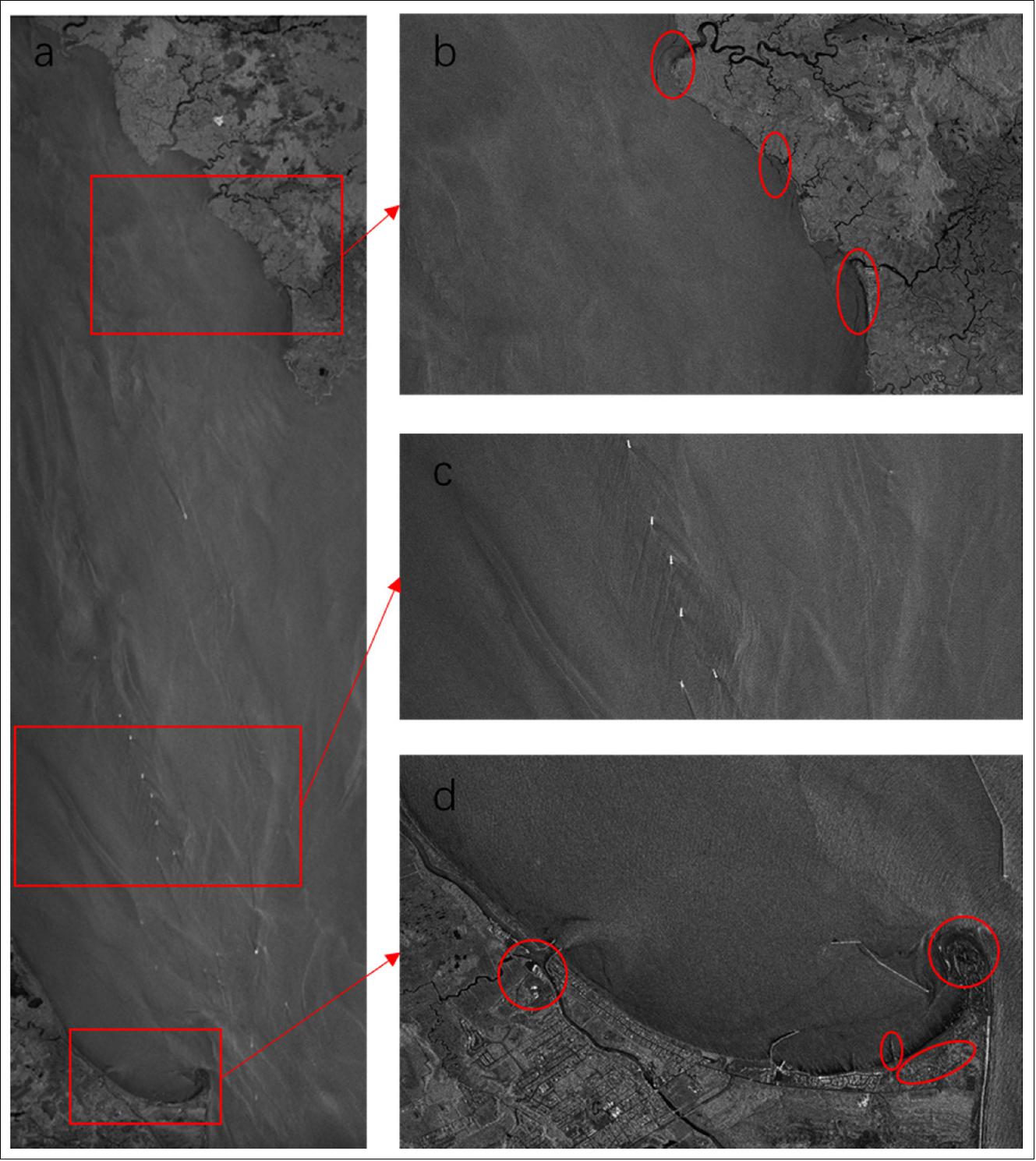 Figure 8: Image of Delaware Bay obtained by striping mode. (a) Whole SAR image of Delaware Bay whose gridding size is 13,996 x 44,480 (horizontal x vertical) and spatial resolution is 3 m. (b) Enlarged view in the top rectangle area in Figure 8a as the arrow points. (c) Enlarged view in the middle rectangle area in Figure 8a as the arrow points. (d) Enlarged view in the bottom rectangle area in Figure 8a as the arrow points (image credit: Xiamen University, University of Delaware)