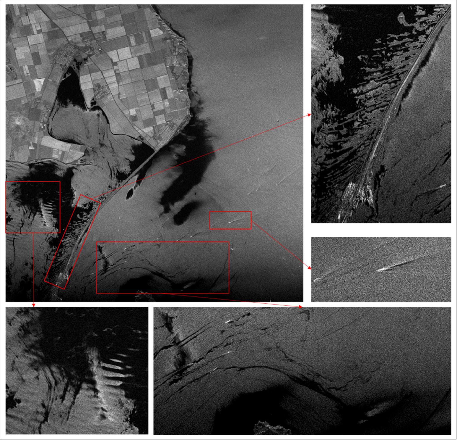 Figure 7: Three-meter resolution striping-mode SAR image of the Kerch Strait; the gridding size is 2000 x 2000 (horizontal x vertical), image credit: Xiamen University, University of Delaware