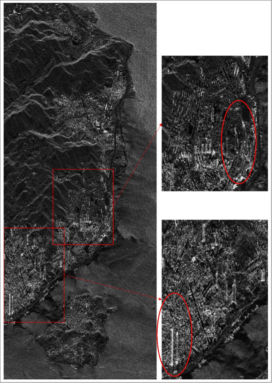 Figure 6: One-meter resolution spotlight-mode SAR image of Xiamen University Siming Campus, the gridding size is 1937 x 4750 (horizontal x vertical). The left red rectangle border indicates the high-rise area, which shows some 3D features of buildings. The right red rectangle indicates the main part of the campus. The oval borders indicate the high rises’ location (image credit: Xiamen University, University of Delaware)