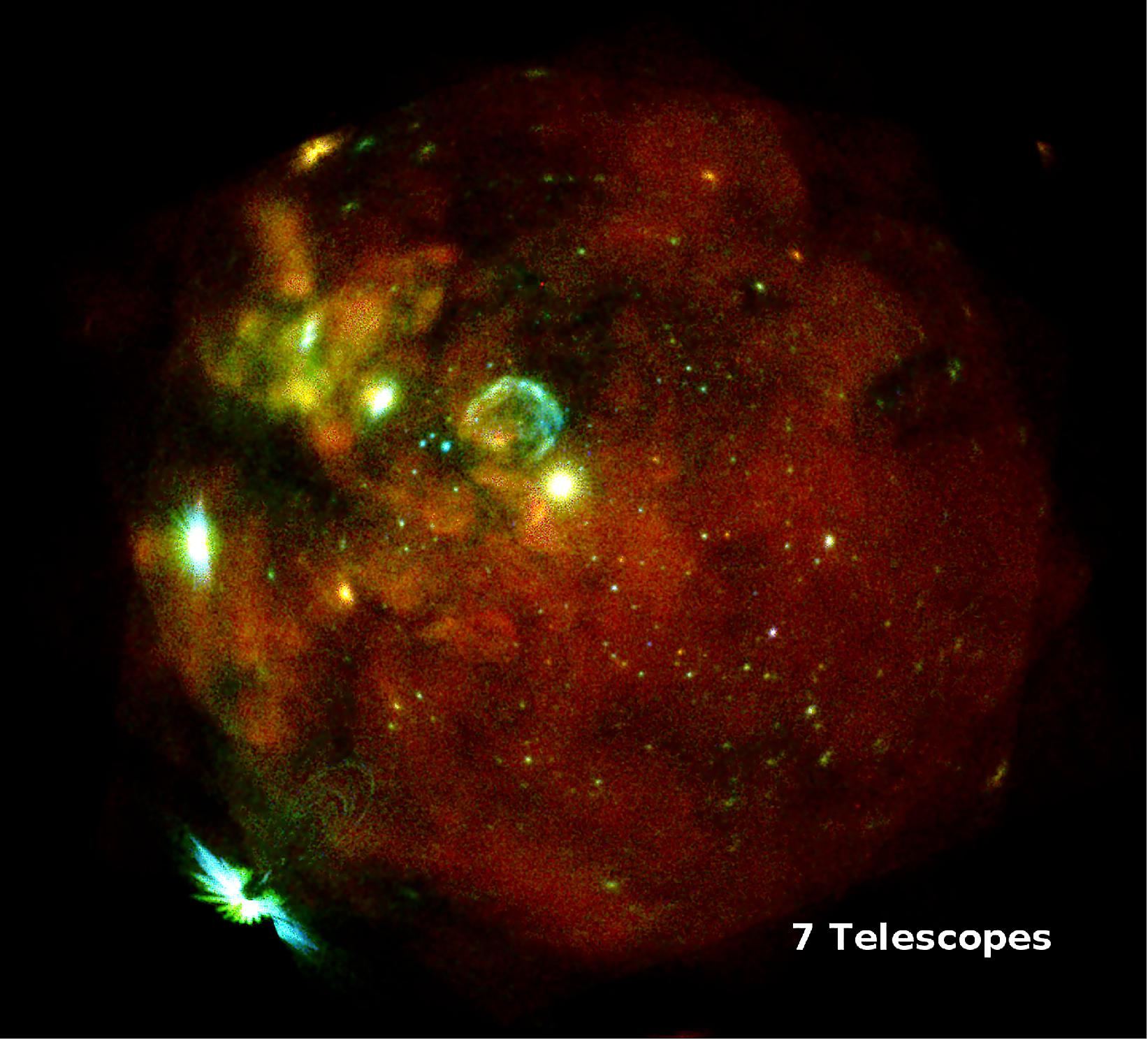 Figure 28: This image shows our neighboring galaxy, the LMC (Large Magellanic Cloud), observed in series of exposures with all seven eROSITA telescope modules taken from 18 to 19 October 2019. The diffuse emission originates from the hot gas between the stars with temperatures typically a few million degrees. The more compact nebulous structures in the image are mainly supernova remnants, i.e. stellar atmospheres expelled in huge explosions at the end of a massive star’s lifetime. The most prominent one, SN1987A, is seen as the bright source close to the center. A host of other sources in the LMC itself include accreting binary stars or stellar clusters with very massive young stars (up to 100 solar masses and more). There are also a number of point sources, either foreground stars from our home Galaxy or distant Active Galactic Nuclei (image credit: MPE/IKI, F. Haberl, M. Freyberg and C. Maitra)
