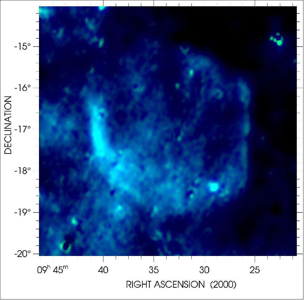 Figure 17: Composite image of Hoinga taken at 1.4 GHz and 2.3 GHz by the CHIPASS and SPASS radio surveys. The blue color is arbitrary; fore- and background sources were removed from the images to increase the visibility of the diffuse radio emission from the supernova remnant [image credit: CHIPASS/SPASS/N. Hurley-Walker, ICRAR-Curtin (Radio)]