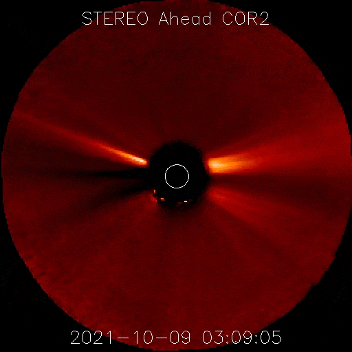 Figure 14: The COR2 coronagraph on NASA’s Solar Terrestrial Relations Observatory-A spacecraft, which views the Sun’s corona by occluding its bright surface, detected this Earth-directed CME on Oct. 9, 2021 (image credit: NASA/STEREO)