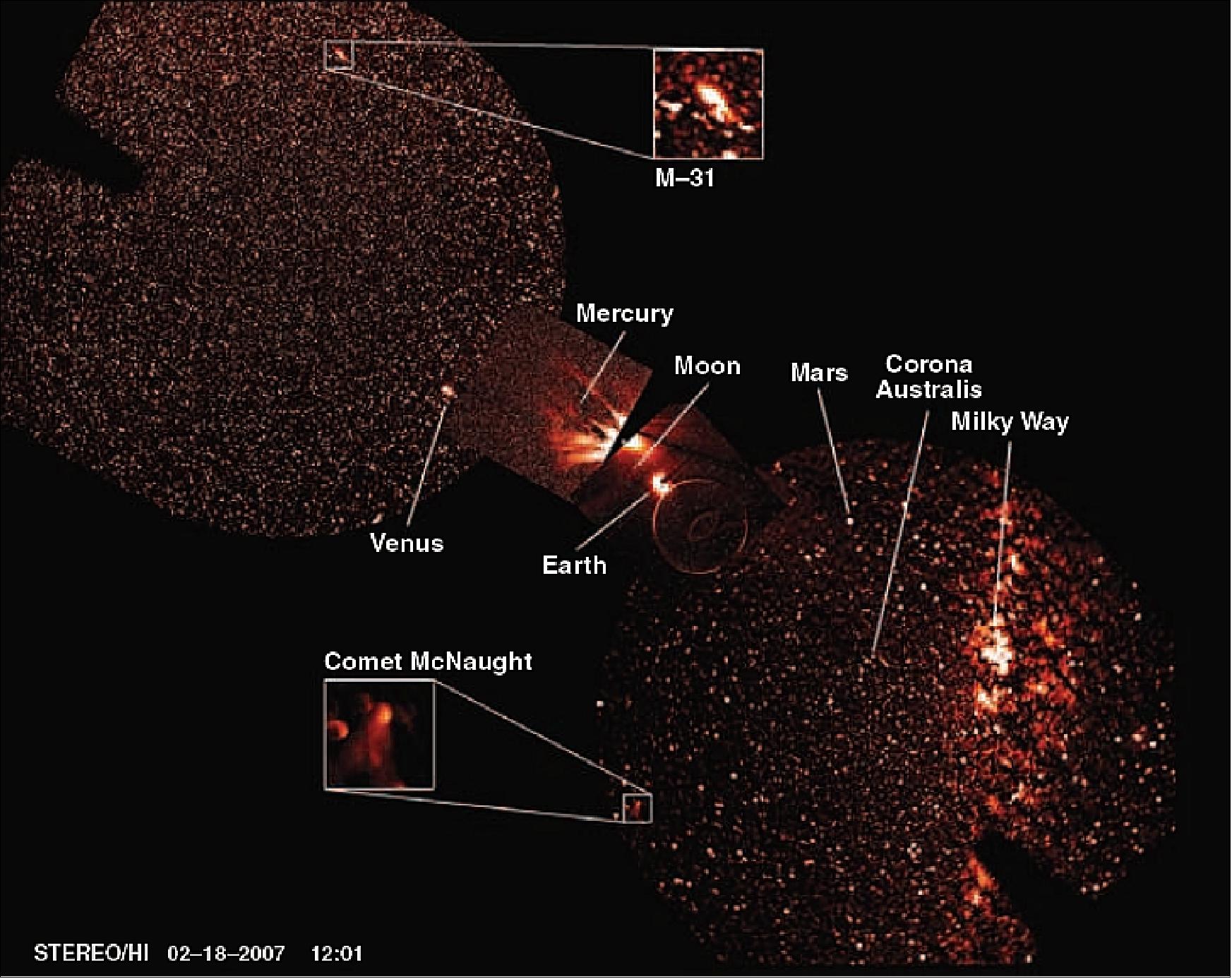 Figure 40: The combined images from all the STEREO HI instruments covering a wide swath of the sky—approximately 150º wide observed on Feb. 18, 2007 (image credit: NASA)