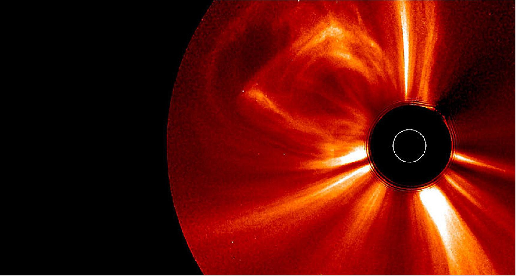Figure 25: A calm facade: The outer corona of the sun appears smooth and calm. But freshly analyzed images from NASA’s STEREO spacecraft, which blocks out the sun (center) to bring the corona into view, shows unexpected texture (image credit: SwRI, NASA)