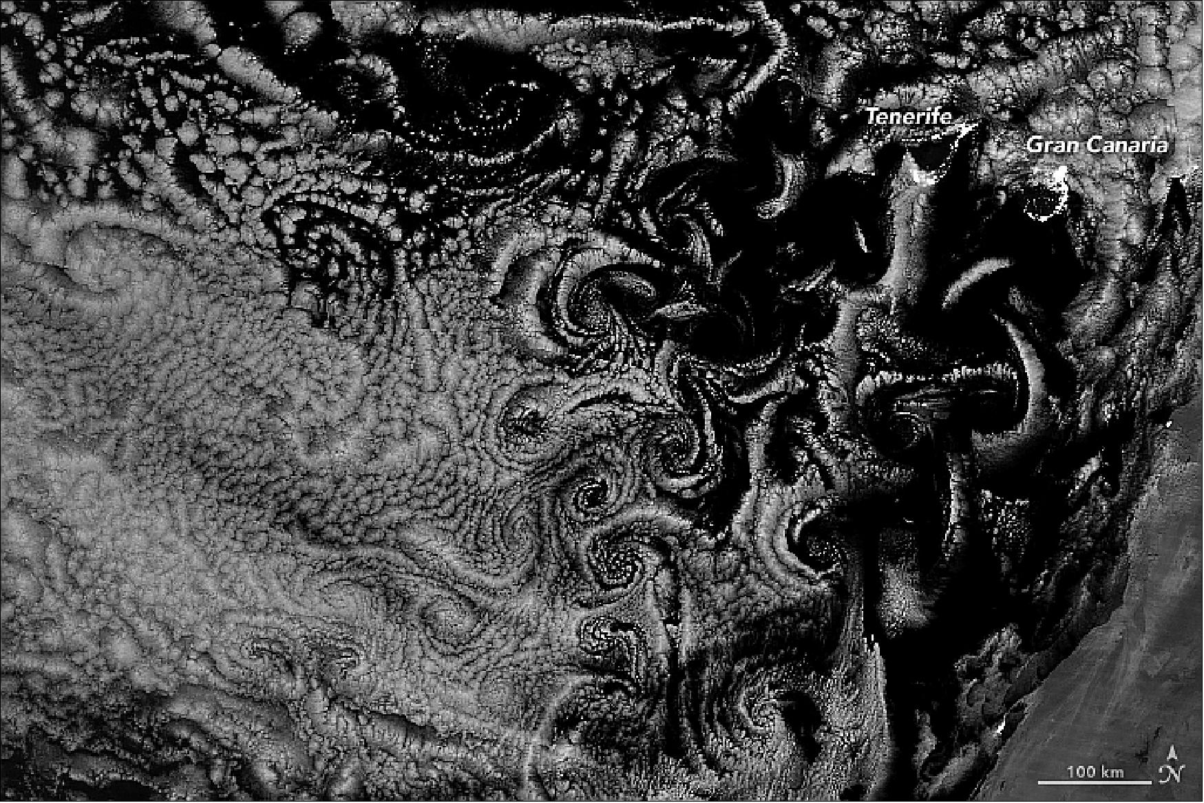 Figure 45: This image shows spiraling cloud patterns off the coast of Morocco on 19 July 2019. Known as von Kármán vortices, these eddies can form nearly anywhere that fluid flow is disturbed by a solid object. In this case, the vortices formed when winds flowed around small islands in the North Atlantic (image credit: NASA Earth Observatory, image by Joshua Stevens, using VIIRS day-night band data from the Suomi NPP. Story by Kasha Patel, with image interpretation by George Young)