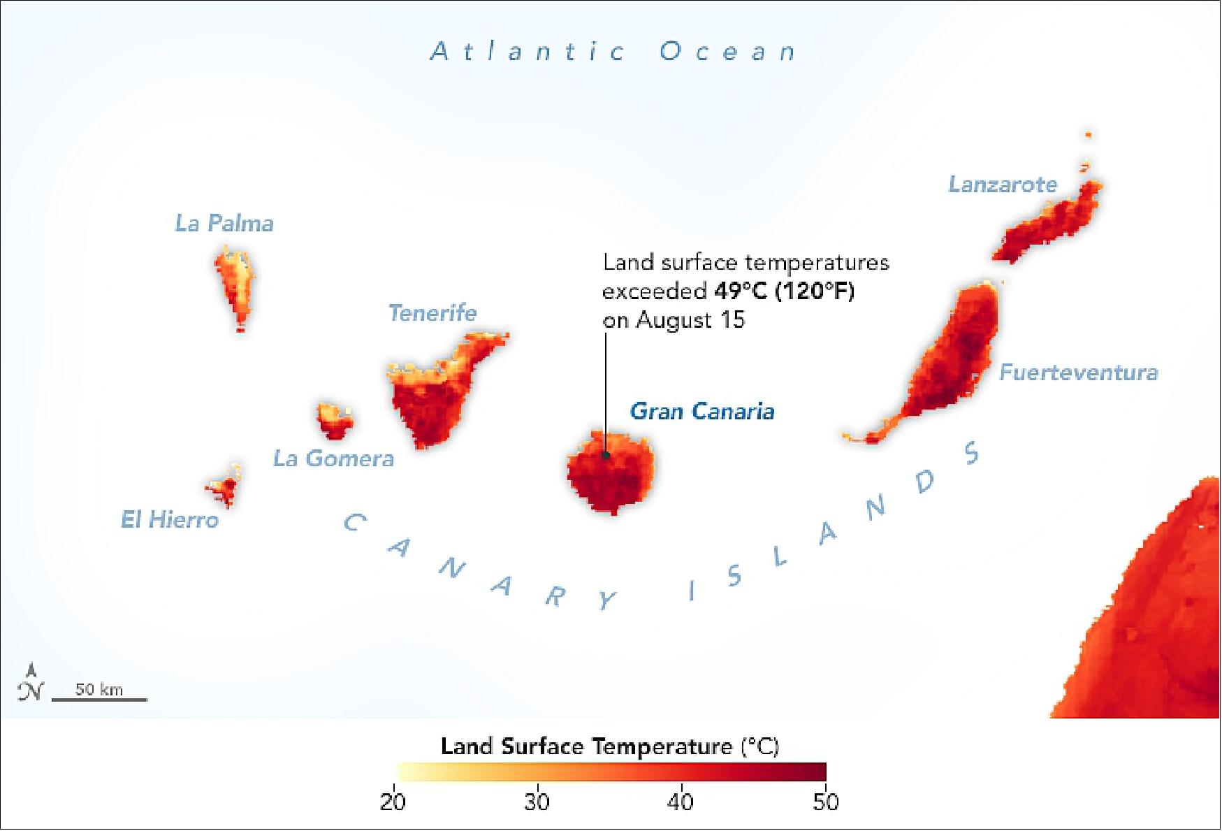 Figure 43: This map shows land surface temperatures on the afternoon of August 15, a day when temperatures exceeded 49°C (120°F) in some areas. The map is based on data collected by the MODIS instrument on NASA's Aqua satellite. Note that the map depicts land surface temperatures, not air temperatures. Land surface temperatures reflect how hot the surface of the Earth would feel to the touch in a particular location. They can sometimes be significantly hotter or cooler than air temperatures. (image credit: NASA Earth Observatory, image by Joshua Stevens, using data from the Level 1 and Atmospheres Active Distribution System (LAADS) and Land Atmosphere Near real-time Capability for EOS (LANCE), story by Adam Voiland)