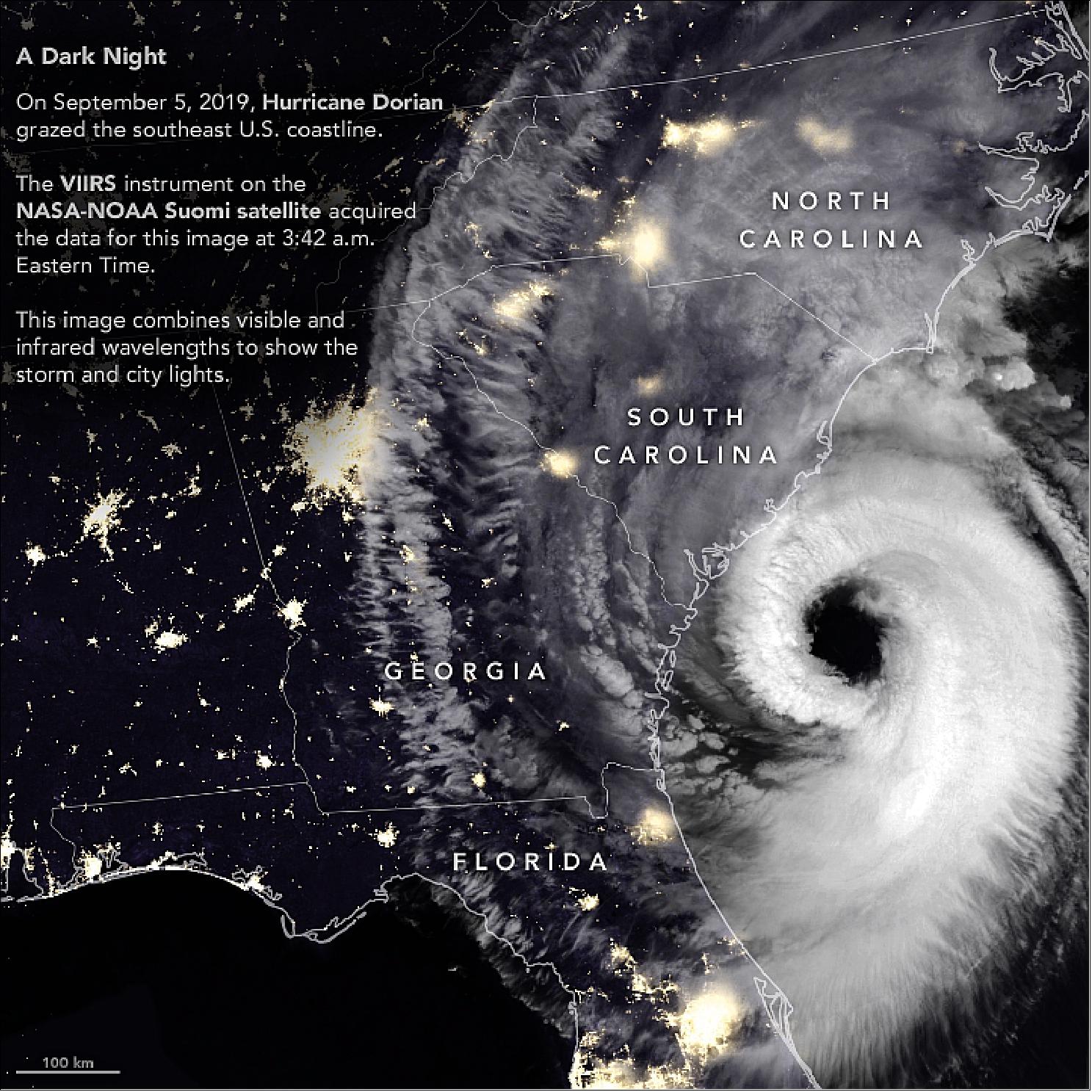 Figure 40: VIIRS on on the Suomi NPP satellite captured this nighttime composite image as the storm approached the coast at 3:42 a.m. Eastern Time (07:42 UTC) on 5 September 2019. At the time, Dorian packed maximum sustained winds of 115 miles (185 kilometers) per hour and was moving north at 8 miles per hour (image credit: NASA Earth Observatory, image by Joshua Stevens, using VIIRS data from the Suomi NPP satellite. Story by Adam Voiland)