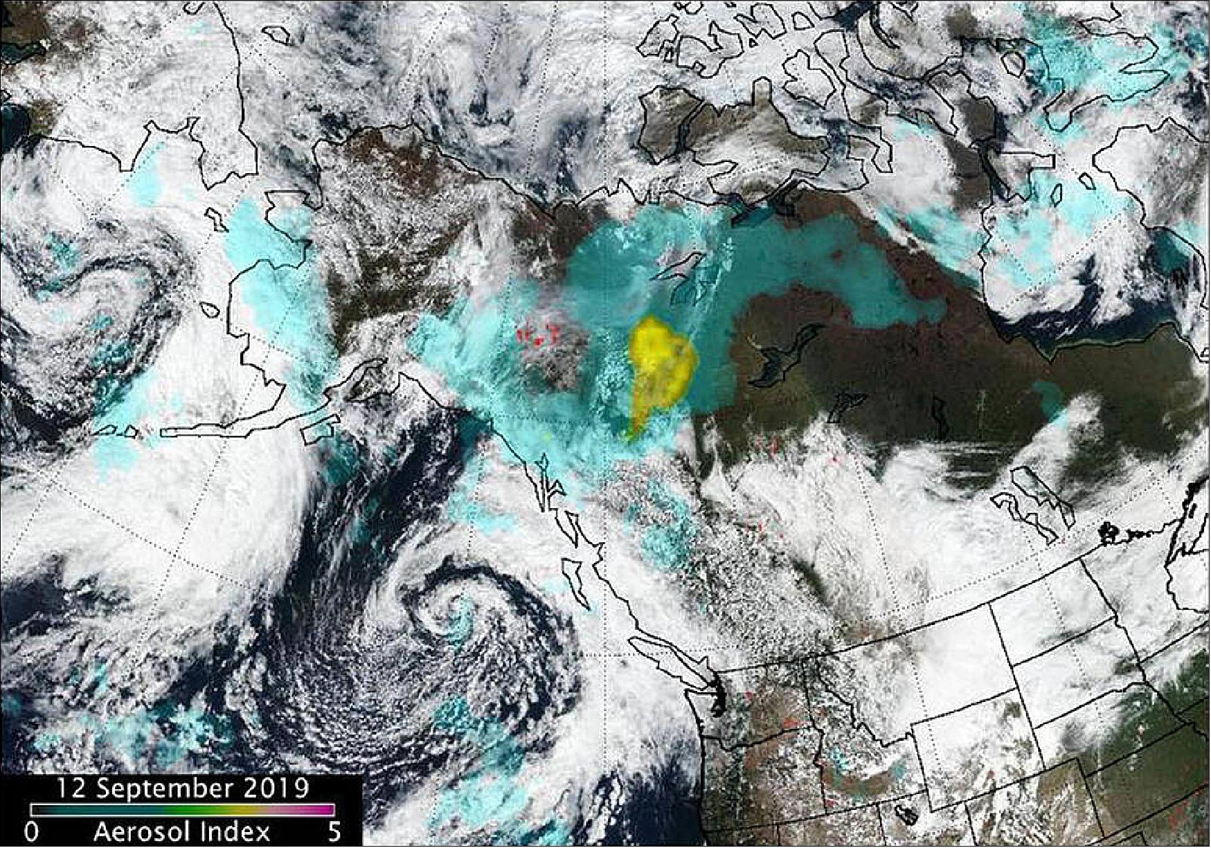 Figure 37: In North America, Suomi-NPP’s OMPS detected smoke and aerosols from fires over Canada’s Yukon Territories. Aerosol concentrations were very high over the Yukon fires due to a pyrocumulus event that occurred on 11 September. In the image, there is also light brown area of smoke that looks like a letter “C” on its side. The image also shows a low pressure system (the area of spiraled clouds) off the coast of western Canada (image credit: NASA/NOAA, Colin Seftor)