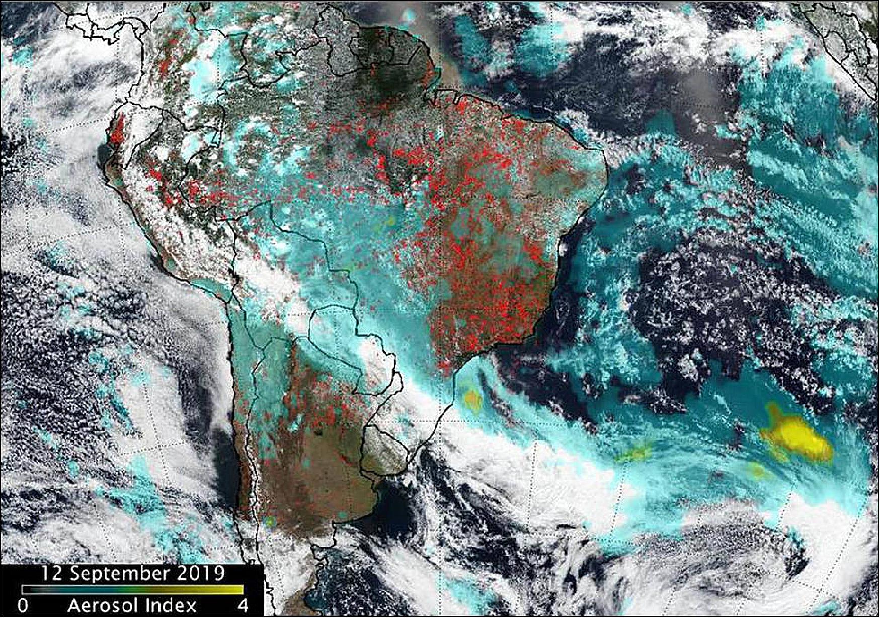 Figure 36: Fires in South America generated smoke that continues to create a long plume east into the Atlantic Ocean. Fires over western Brazil were generating aerosols at a level 2.0 on the index. Higher aerosol concentrations, as high as 4.0 were seen off the southeastern coast of Brazil as a result of the fires in the region (image credit: NASA/NOAA, Colin Seftor)