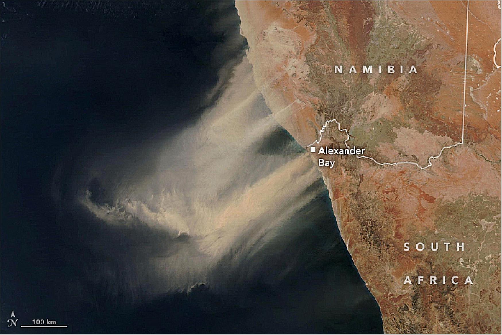 Figure 35: The plumes were observed on 25 September 2019 at 2:25 p.m. South Africa Standard Time (12:25 Universal Time) with VIIRS on the NOAA/NASA Suomi- NPP satellite. The event covered a wide area north and south of the Orange River, which forms part of the border between Namibia and South Africa (image credit: NASA Earth Observatory image by Lauren Dauphin, using VIIRS data from NASA EOSDIS/LANCE and GIBS/Worldview, and Suomi-NPP. Story by Kathryn Hansen)