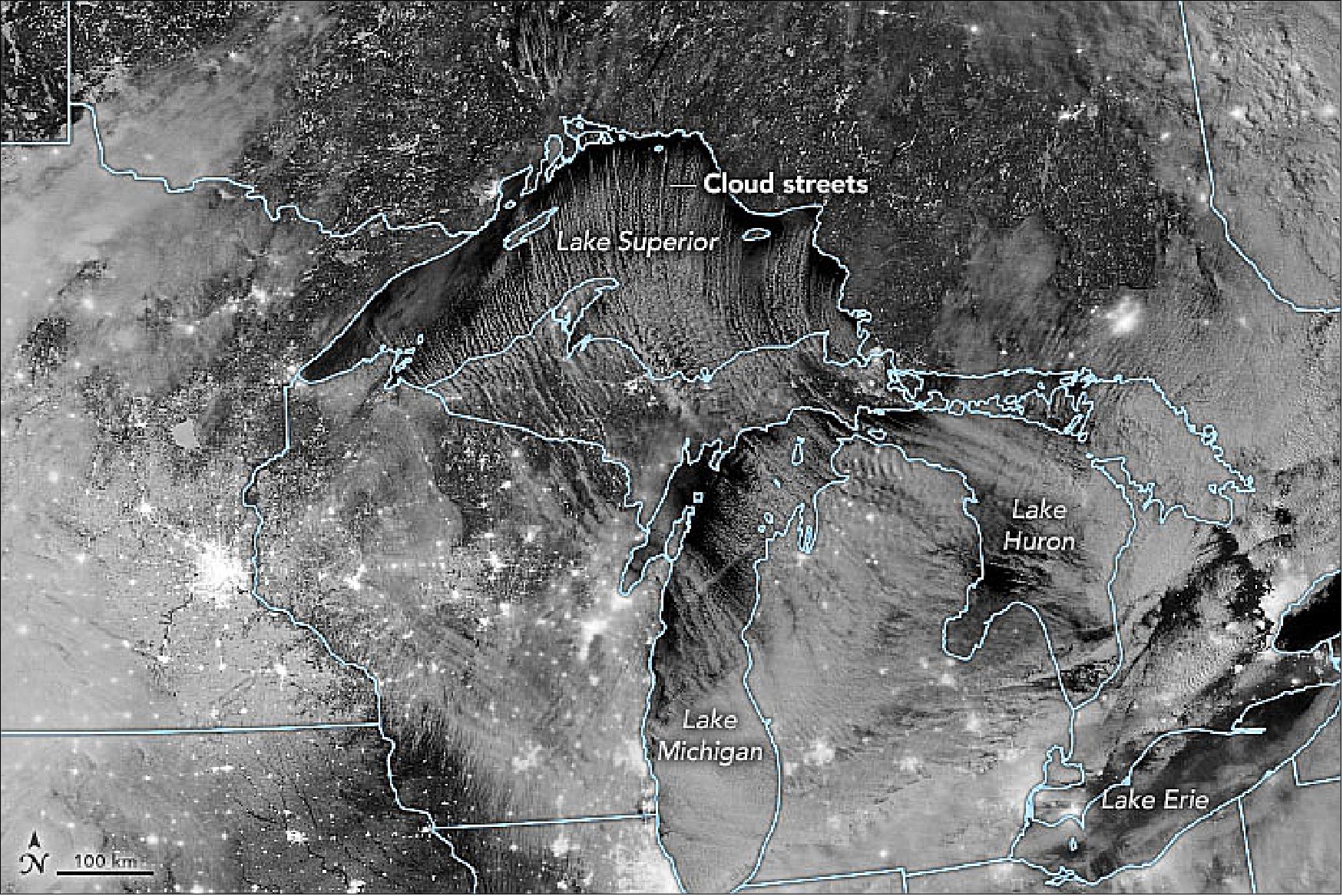 Figure 33: A blast of cold air from Canada is fueling lake effect snow in several states as shown in this Suomi NPP image of 10 December 2019 (image credit: NASA Earth Observatory image by Joshua Stevens, using VIIRS day-night band data from the Suomi NPP satellite, caption by Adam Voiland)