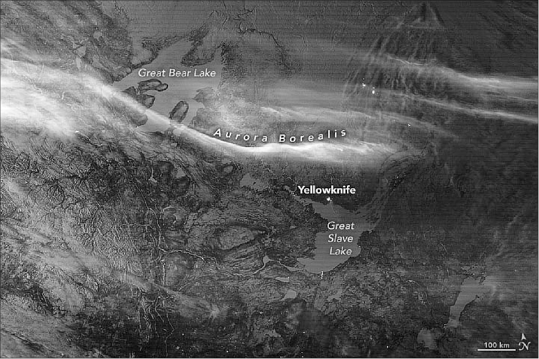 Figure 26: The detail image was acquired through the use of the VIIRS day-night band, which detects light in a range of wavelengths from green to near-infrared and uses filtering techniques to observe signals such as city lights (Figure 27), auroras, wildfires, and reflected moonlight (image credit: NASA Earth Observatory, image by Joshua Stevens, using VIIRS day-night band data from the Suomi National Polar-orbiting Partnership. Text by Michael Carlowicz)