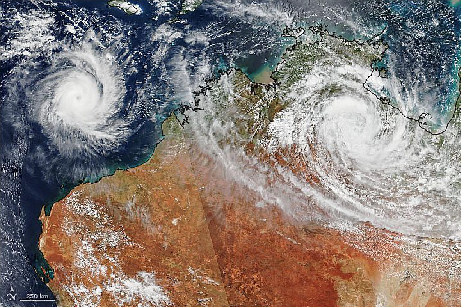 Figure 23: On February 25, 2020, the VIIRS instrument on the NOAA-NASA Suomi NPP satellite acquired the data for this natural-color image of tropical cyclones Ferdinand and Esther as they passed over and near Australia. Note: that the line across the left side of the image marks the edge of the swath between two satellite passes that occurred about 90 minutes apart (image credit: NASA Earth Observatory, image by Joshua Stevens, using VIIRS data from NASA EOSDIS/LANCE and GIBS/Worldview and the Suomi National Polar-orbiting Partnership. Text by Michael Carlowicz)