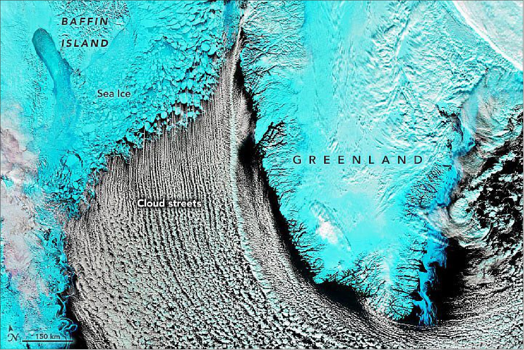Figure 22: As sea ice in far northern latitudes approached its annual maximum extent, the Visible Infrared Imaging Radiometer Suite (VIIRS) on the Suomi NPP satellite acquired this false-color image of the Labrador Sea on March 2, 2020. Chunks of sea ice hugged the coast of Baffin Island, while cloud streets streamed over the sea (image credit: NASA Earth Observatory, image by Joshua Stevens, using VIIRS data from NASA EOSDIS/LANCE and GIBS/Worldview and the Suomi National Polar-orbiting Partnership. Text by Adam Voiland)