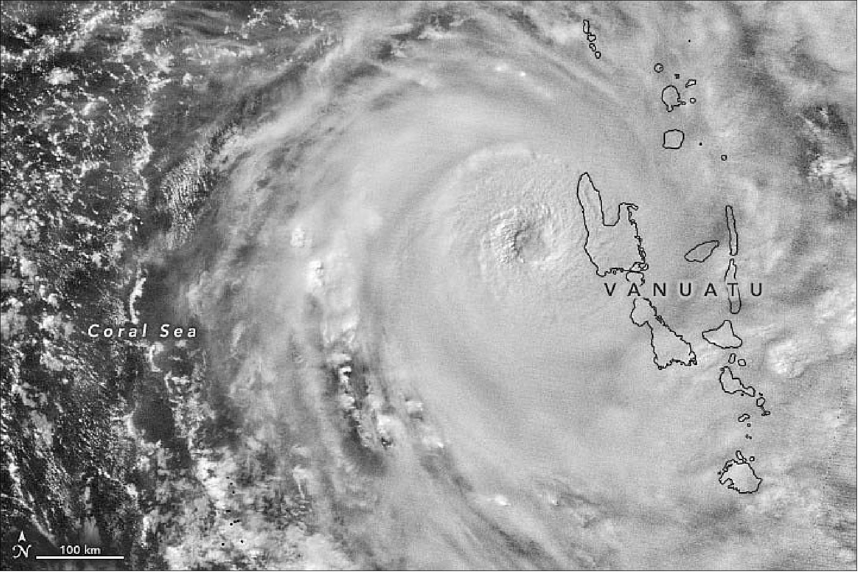 Figure 21: This nighttime image shows Harold approaching Espiritu Santo, Vanuatu’s largest island. It was acquired around 1:50 a.m. local time on April 6, 2020 (14:50 UTC on April 5, 2020) by the Visible Infrared Imaging Radiometer Suite (VIIRS) on the NASA-NOAA Suomi NPP satellite (image credit: NASA Earth Observatory, image by Joshua Stevens, using VIIRS day-night band data from the Suomi NPP satellite. Story by Kasha Patel)