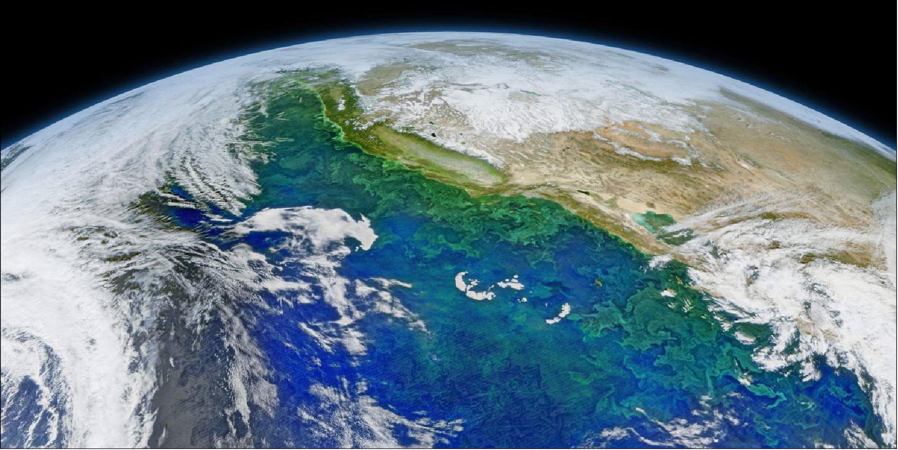 Figure 20: On 8 February 2016, the VIIRS on the Suomi NPP satellite captured several images of blooming phytoplankton and swirling currents along the coast of California and western Mexico. The images were stitched together into a composite built with data from the red, green, and blue wavelength bands on VIIRS, along with chlorophyll data. A series of image-processing steps highlighted the color differences and subtle features in the water (image credit: CU Boulder)