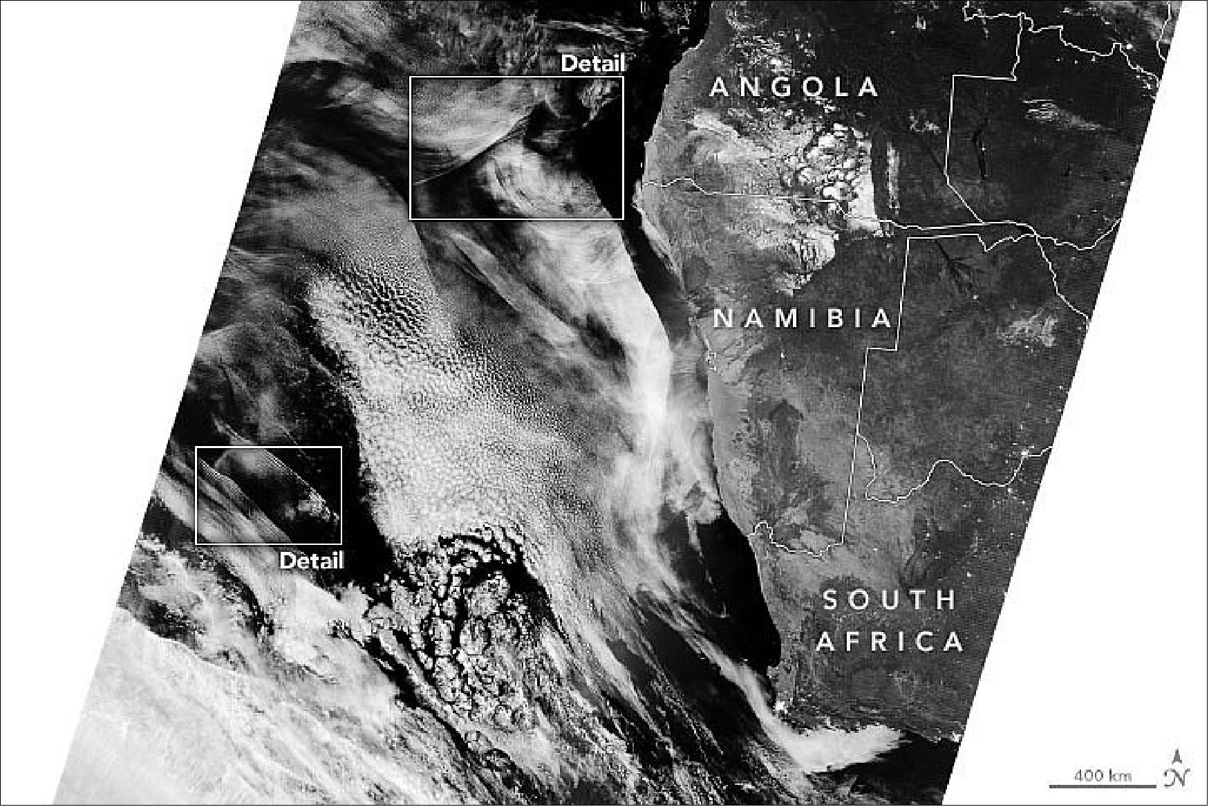 Figure 19: A layer of marine stratocumulus clouds off the west coast of Africa displayed some particularly complex wave patterns. This image along with the detail images of Figures 17 and 18, was acquired on 10 May 2020 with VIIRS on Suomi NPP (image credit: NASA Earth Observatory, images by Joshua Stevens, using VIIRS day-night band data from the Suomi National Polar-orbiting Partnership. Story by Kathryn Hansen)