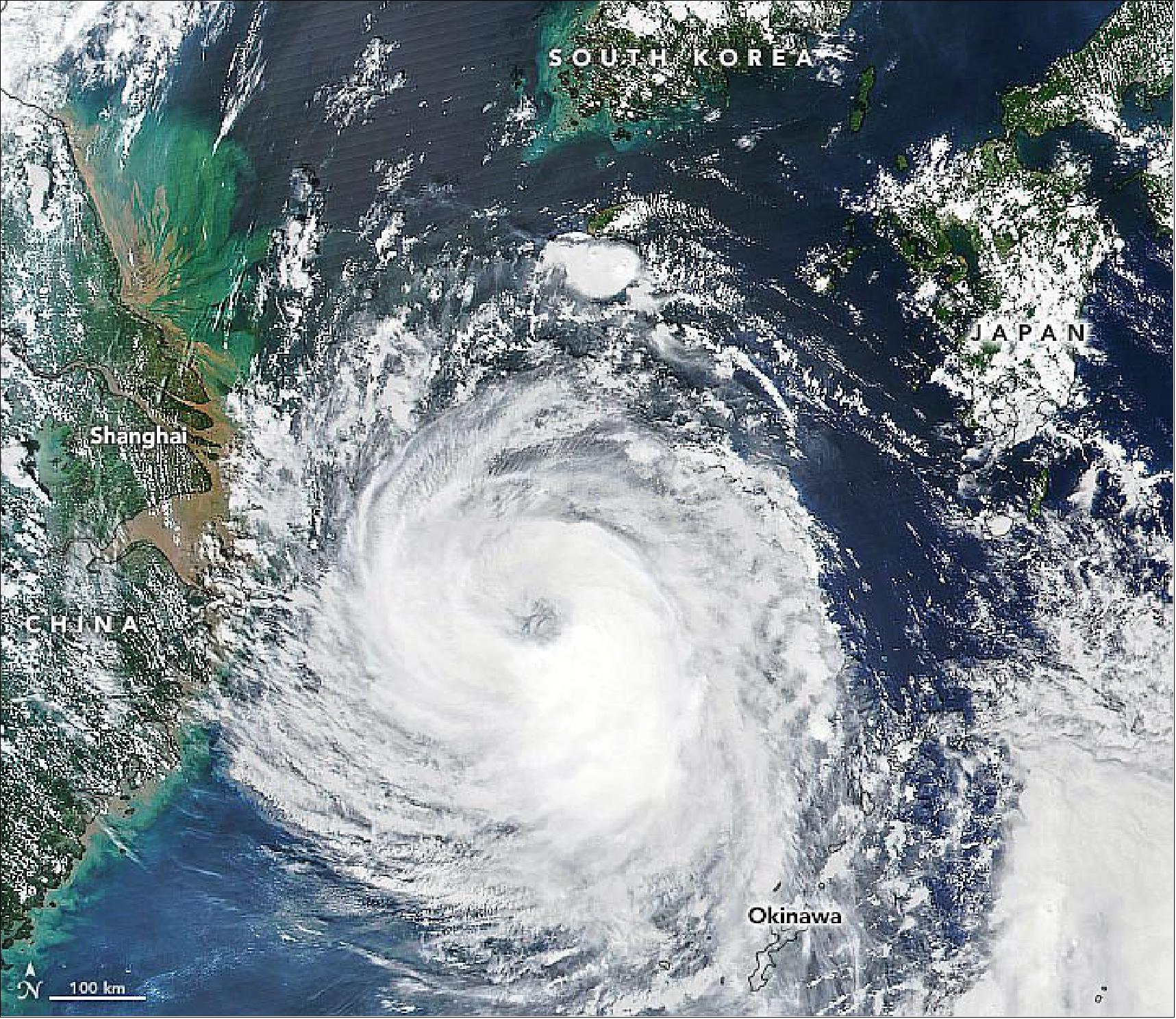 Figure 10: VIIRS on the NOAA-NASA Suomi NPP satellite acquired this natural-color image at 04:35 Universal Time (1:35 p.m. local time) on August 25, 2020. At 12:00 am on August 26, the storm was centered about 500 km west-southwest of Sasebo, Japan. It was moving to the north-northwest and had maximum sustained winds of 175 kilometers (110 miles) per hour (image credit: NASA Earth Observatory, image by Joshua Stevens, using VIIRS data from NASA EOSDIS/LANCE and GIBS/Worldview and the Suomi National Polar-orbiting Partnership. Story by Adam Voiland)