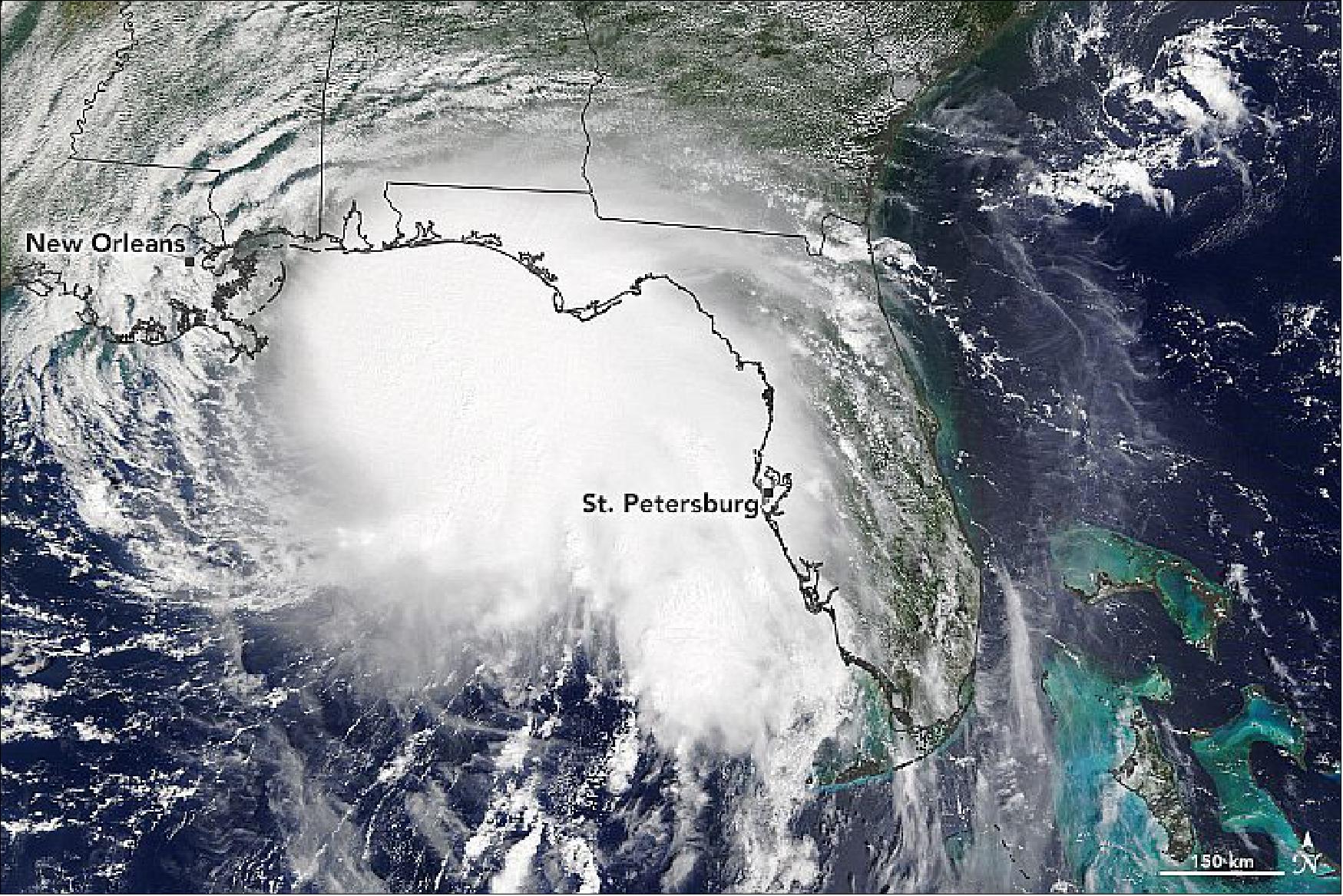Figure 9: This image shows Hurricane Sally, which quickly strengthened into a category 1 storm as it approached the U.S. Gulf Coast. The image was acquired around midday on September 14 by the Moderate Resolution Imaging Spectroradiometer (MODIS) on NASA’s Terra satellite. Around the time of the image, Sally had maximum sustained winds of 90 miles (150 km) per hour (image credit: NASA Earth Observatory)