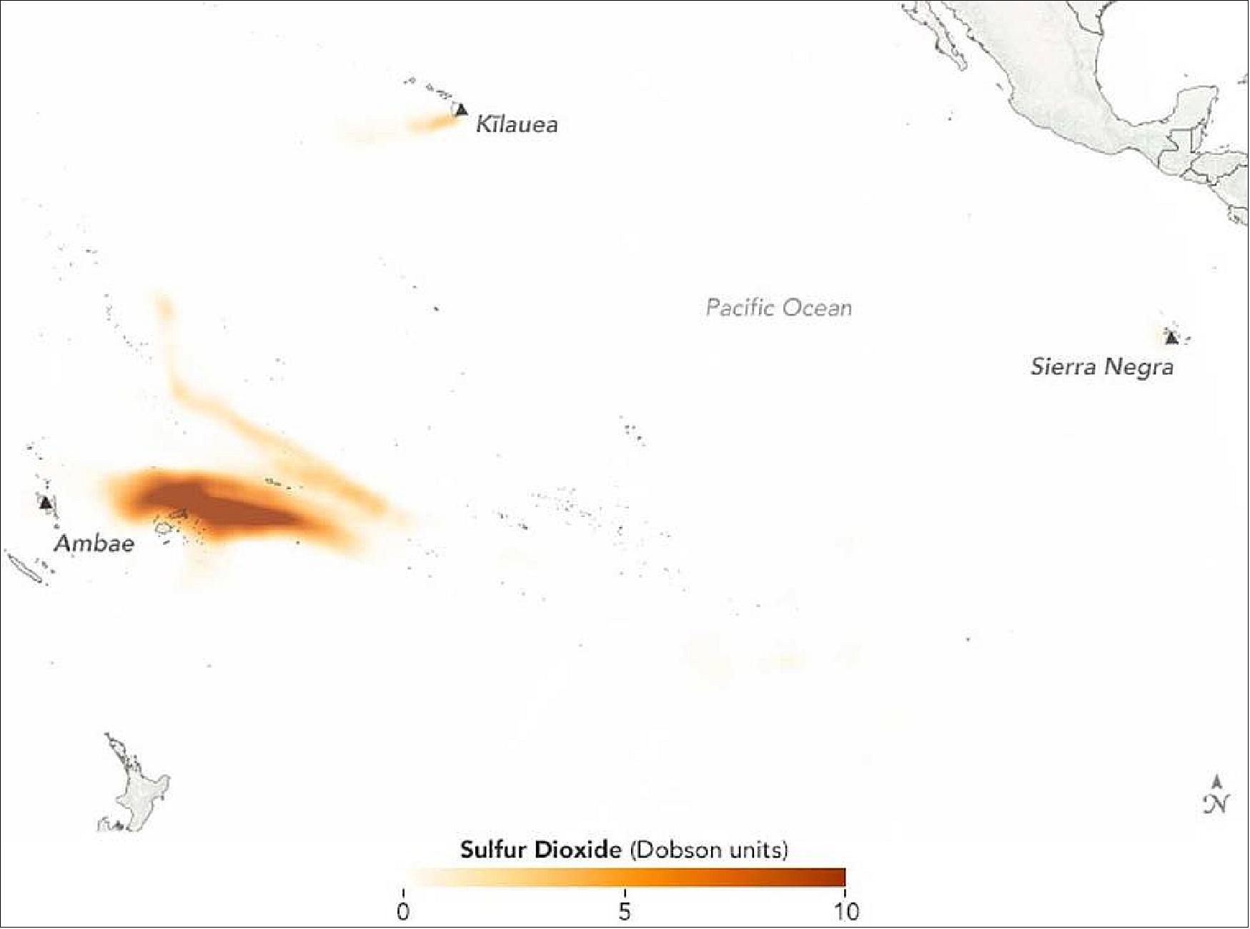Figure 58: This map shows stratospheric sulfur dioxide concentrations on July 28, 2018, as detected by OMPS on the Suomi-NPP satellite, when Ambae was at the peak of its sulfur emissions. For perspective, emissions from Hawaii’s Kilauea and the Sierra Negra volcano in the Galapagos are shown on the same day (image credit: Image by Lauren Dauphin, NASA Earth Observatory, using OMPS data from GES DISC and Simon Carn)
