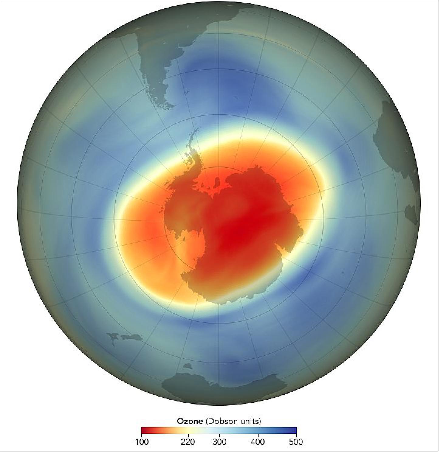 Figure 6: The map shows the size and shape of the ozone hole over the South Pole on September 20, the day of its maximum as calculated by the NASA Ozone Watch team. NASA and NOAA monitor the ozone hole via complementary instrumental methods. NASA’s Aura satellite, the NASA-NOAA Suomi NPP satellite, and NOAA’s JPSS NOAA-20 satellite all measure ozone from space. Aura’s Microwave Limb Sounder also estimates levels of ozone-destroying chlorine (image credit: NASA Earth Observatory image by Joshua Stevens, using data courtesy of NASA Ozone Watch and GEOS-5 data from the Global Modeling and Assimilation Office at NASA GSFC. Story by Theo Stein, NOAA, and Ellen Gray, NASA Earth Science News Team, with EO Staff)