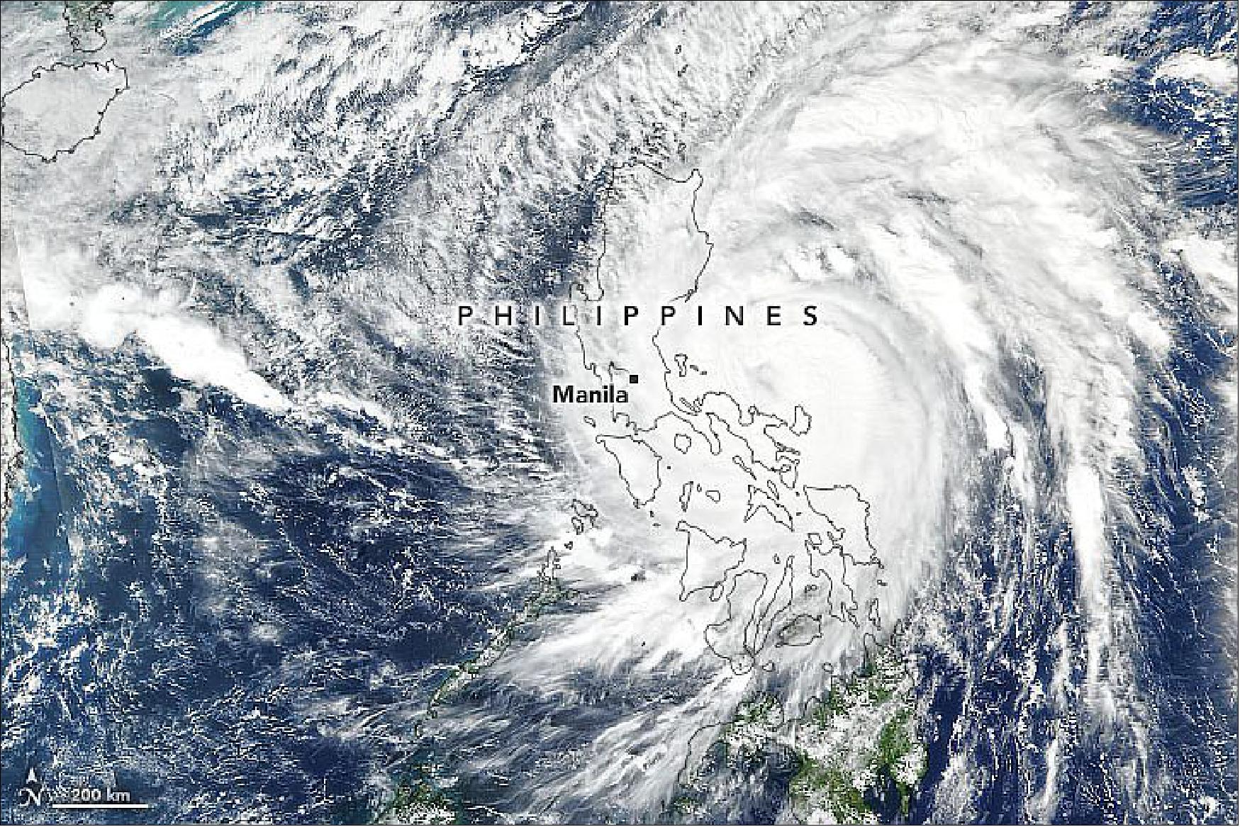 Figure 5: The image shows the typhoon on November 11 at 1:05 p.m. Philippines Standard Time (05:05 Universal Time), a few hours before the typhoon made landfall. The image was acquired by the Visible Infrared Imaging Radiometer Suite (VIIRS) on the Suomi NPP satellite (image credit: NASA Earth Observatory image by Joshua Stevens, using VIIRS data from NASA EOSDIS/LANCE and GIBS/Worldview and the Suomi National Polar-orbiting Partnership. Story by Kasha Patel)