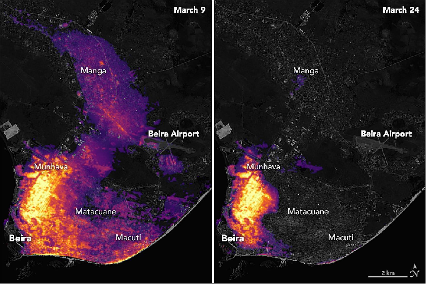 Figure 56: The image on the left shows the extent of electric lighting across Beira on March 9, 2019, a typical night before the storm hit; the image on the right shows light on March 24, 2019, three days after Idai had passed. Most of the lights in Manga, Matacuane, and Macuti appeared to be out. According to news reports, the storm destroyed nearly 90 percent of the city (image credit: NASA Earth Observatory, images by Joshua Stevens, using Black Marble data courtesy of Ranjay Shrestha/NASA Goddard Space Flight Center, and Landsat data from the U.S. Geological Survey. Story by Kasha Patel)