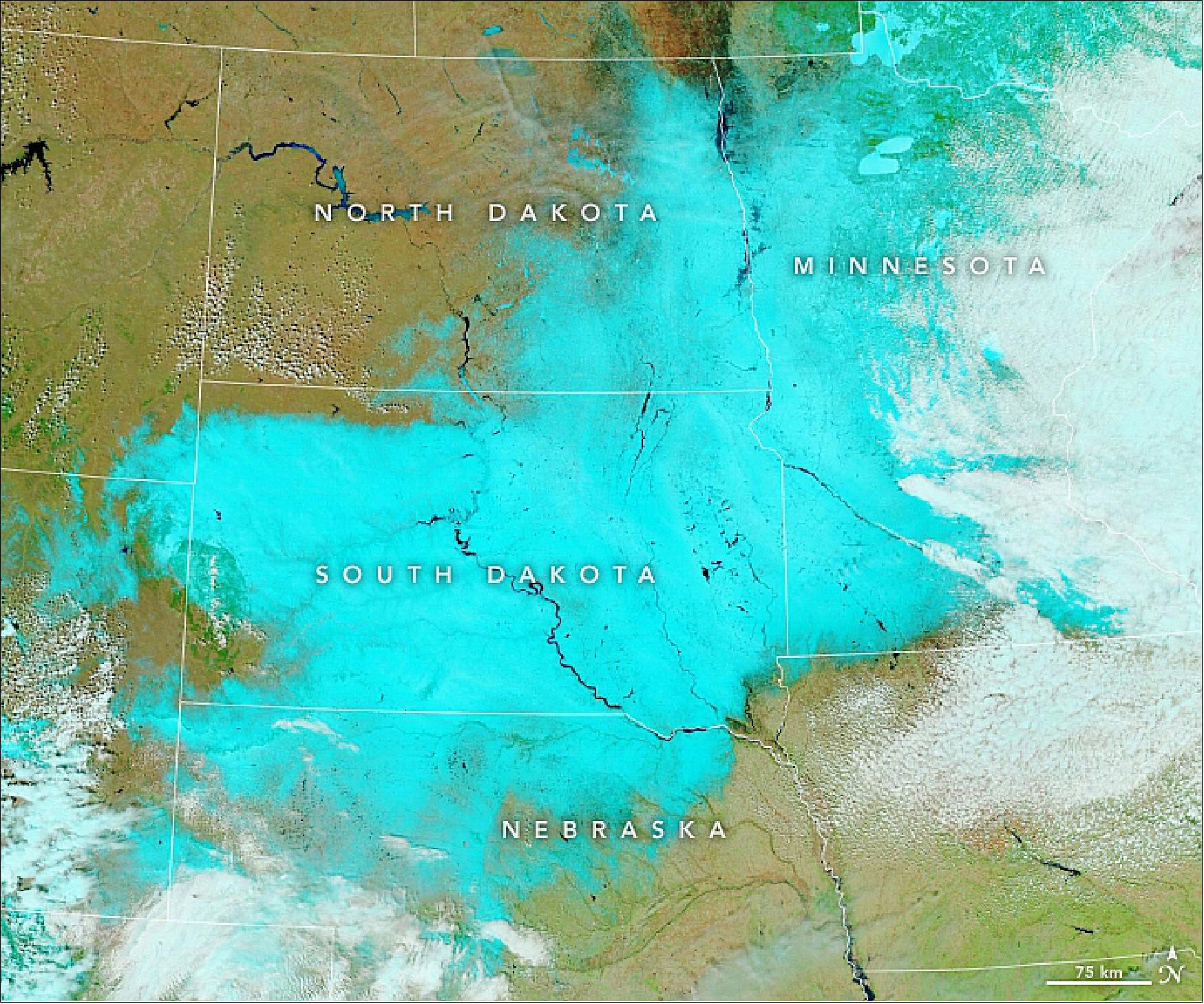 Figure 53: On April 8 and 13, 2019, the VIIRS instrument on the Suomi NPP satellite captured these false-color images. With this combination of visible and infrared light (bands M11-I2-I1), snow appears light blue and clouds white. Bare land is brown. You can see a natural-color version of the image here (image credit: NASA Earth Observatory, image by Lauren Dauphin, using VIIRS data from the Suomi NPP, Story by Adam Voiland)