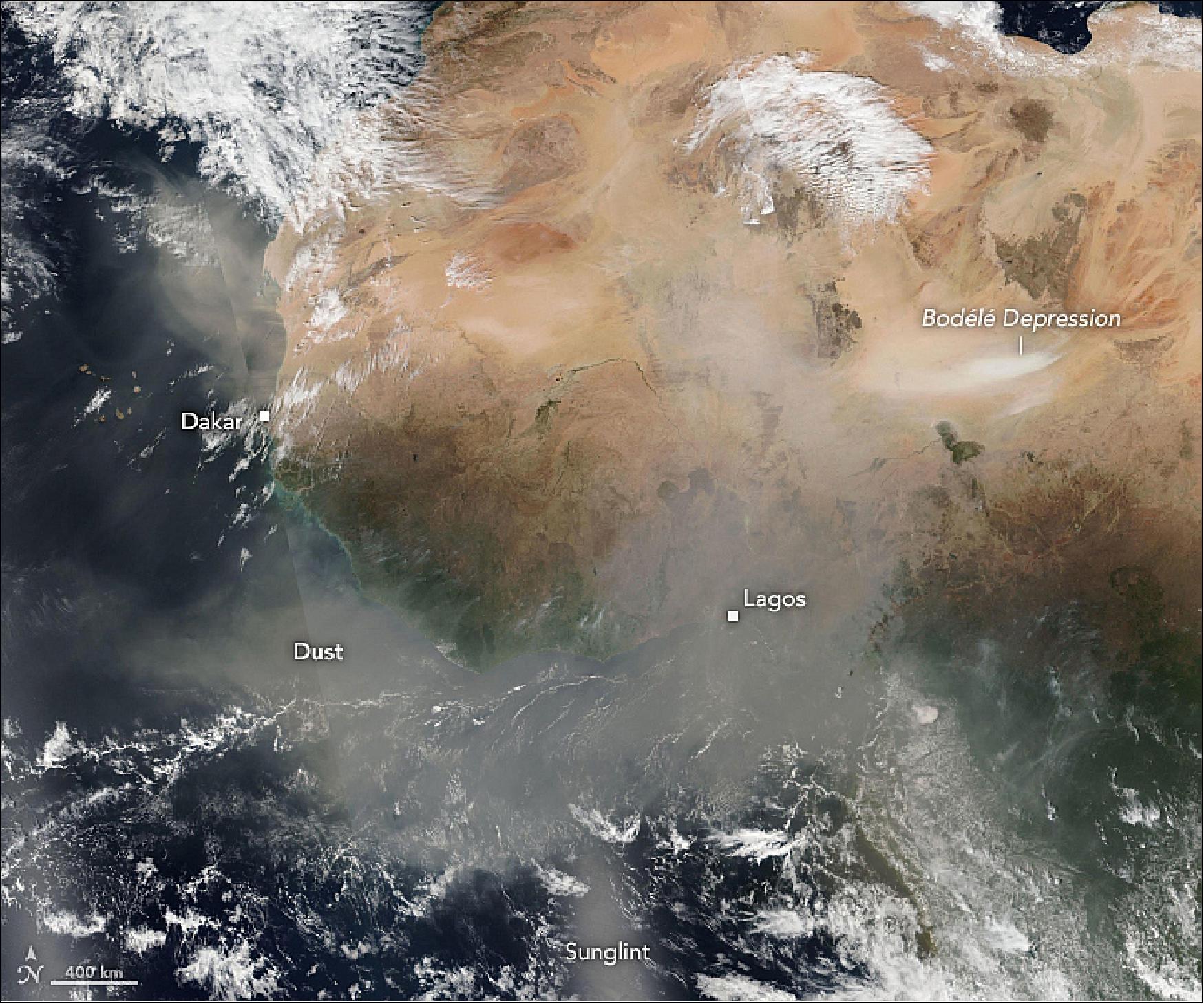 Figure 51: The VIIRS instrument on the Suomi NPP satellite acquired this image of dust spreading across West Africa on February 2, 2019. One of the largest sources of dust in the Sahara is the Bodélé Depression, a dried lake-bed in northern Chad that is rich with silt and fine-grained dust. The alignment of nearby mountain ranges functions like a wind tunnel, funneling strong winds over the depression on a regular basis (image credit: NASA Earth Observatory, image by Lauren Dauphin, using VIIRS data from the Suomi NPP. Story by Adam Voiland)