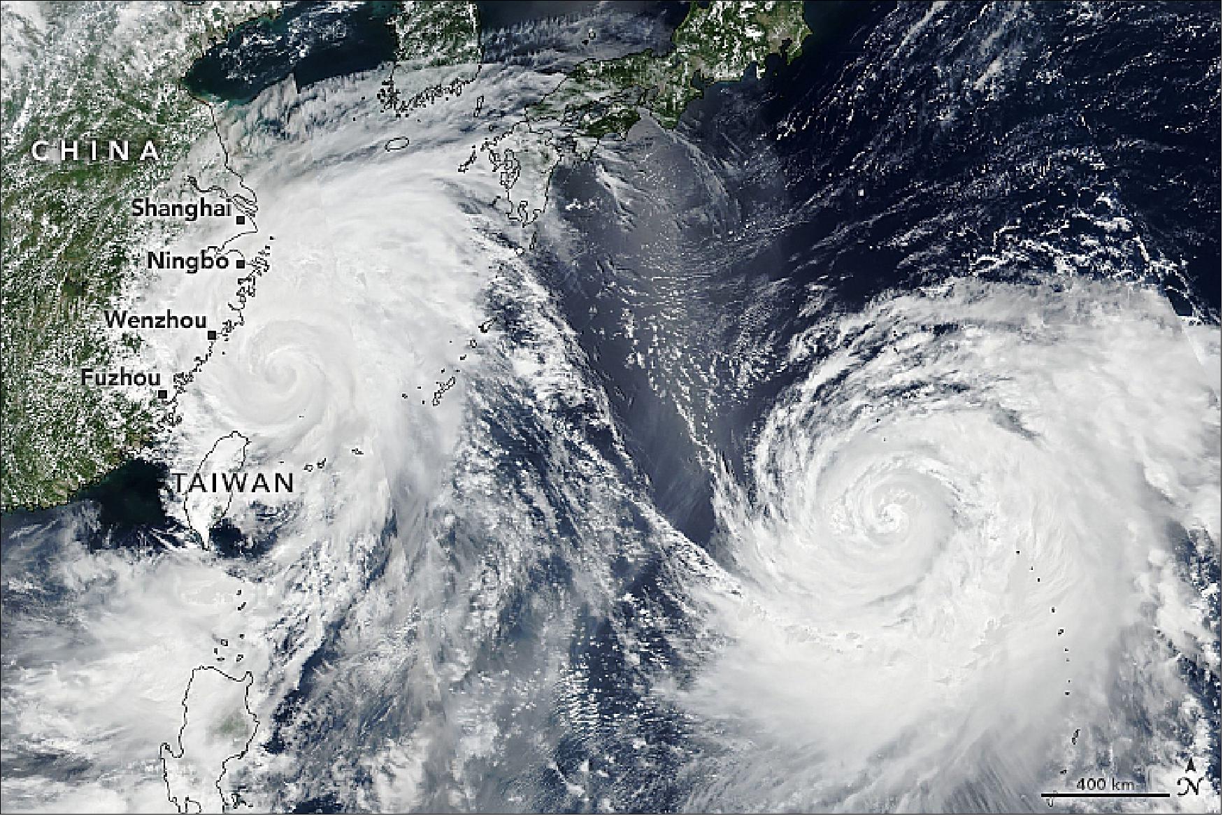 Figure 46: The image, captured by VIIRS on the Suomi NPP satellite, shows the storm on 9 August 2019 at 05:30 Universal Time (1:30 p.m. China Standard Time). Around that time, the storm was moving toward the northwest with maximum sustained winds of 105 knots (120 miles/195 km/hr), making it a category 3 storm on the Saffir-Simpson wind scale (image credit: NASA Earth Observatory, image by Joshua Stevens, using VIIRS data from NASA EOSDIS/LANCE and GIBS/Worldview, and the Suomi National Polar-orbiting Partnership. Story by Kathryn Hansen)