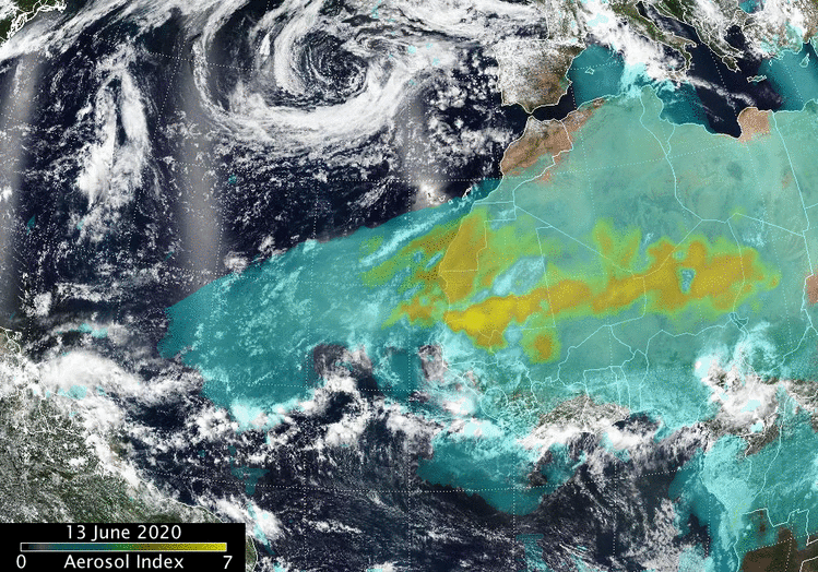 Figure 16: This animation shows the aerosols in the giant plume of Saharan Dust blowing off the western coast of Africa on June 13 through 18, 2020. This aerosol index was created from the NASA-NOAA Suomi NPP satellite’ s Ozone Mapping and Profiler Suite (OMPS) data overlaid over visible imagery from the Visible Infrared Imaging Radiometer Suite (VIIRS), image credits: NASA/NOAA, Colin Seftor