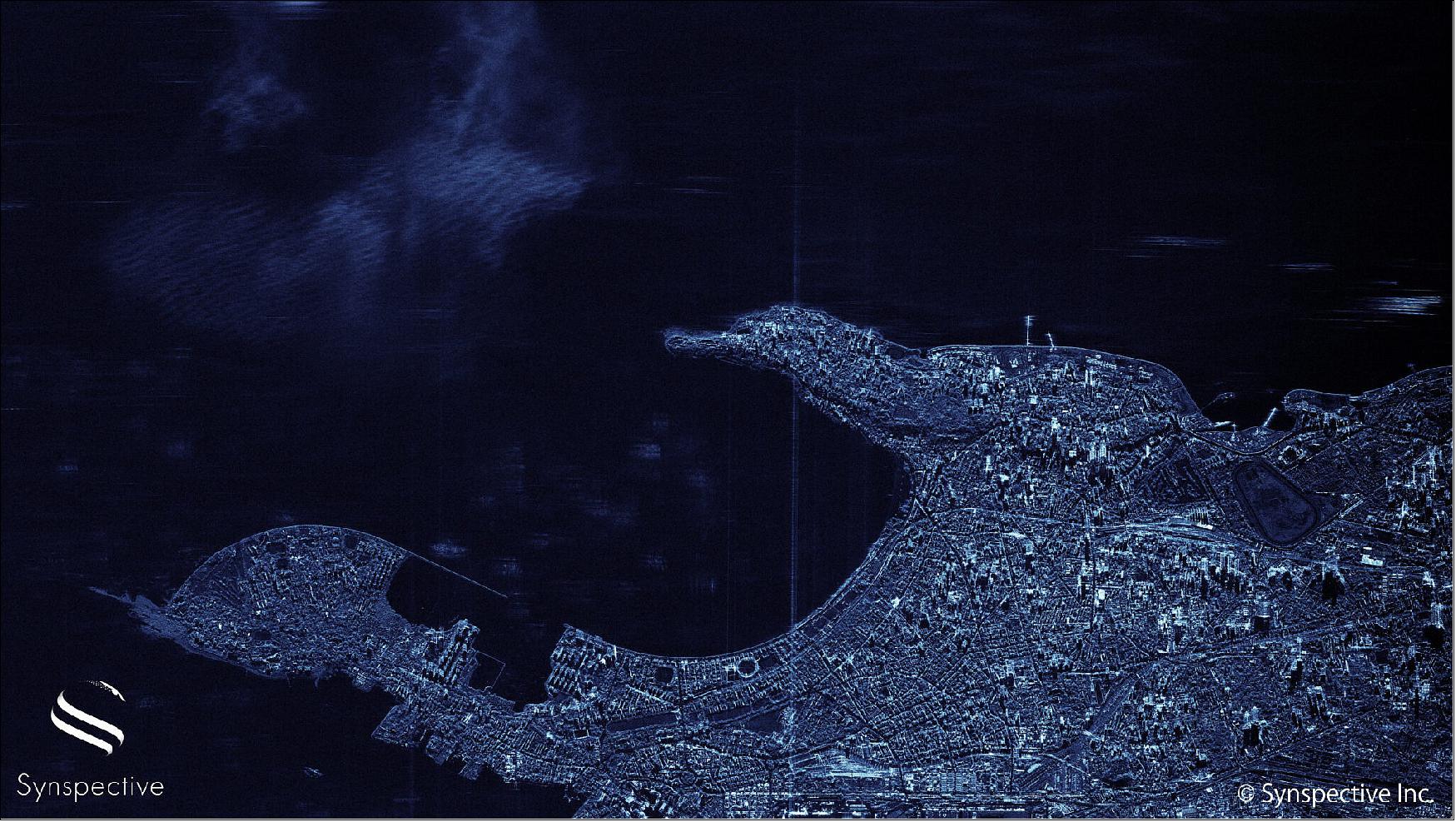Figure 13: The image of Mumbai, a densely populated city on India’s west coast, was taken by StriX-α, Synspective’s first satellite launched in Dec 2020, using Sliding Spotlight mode. The radar sends pulses that illuminate Earth’s surface over a large elliptical antenna footprint (image credit: Synspective)